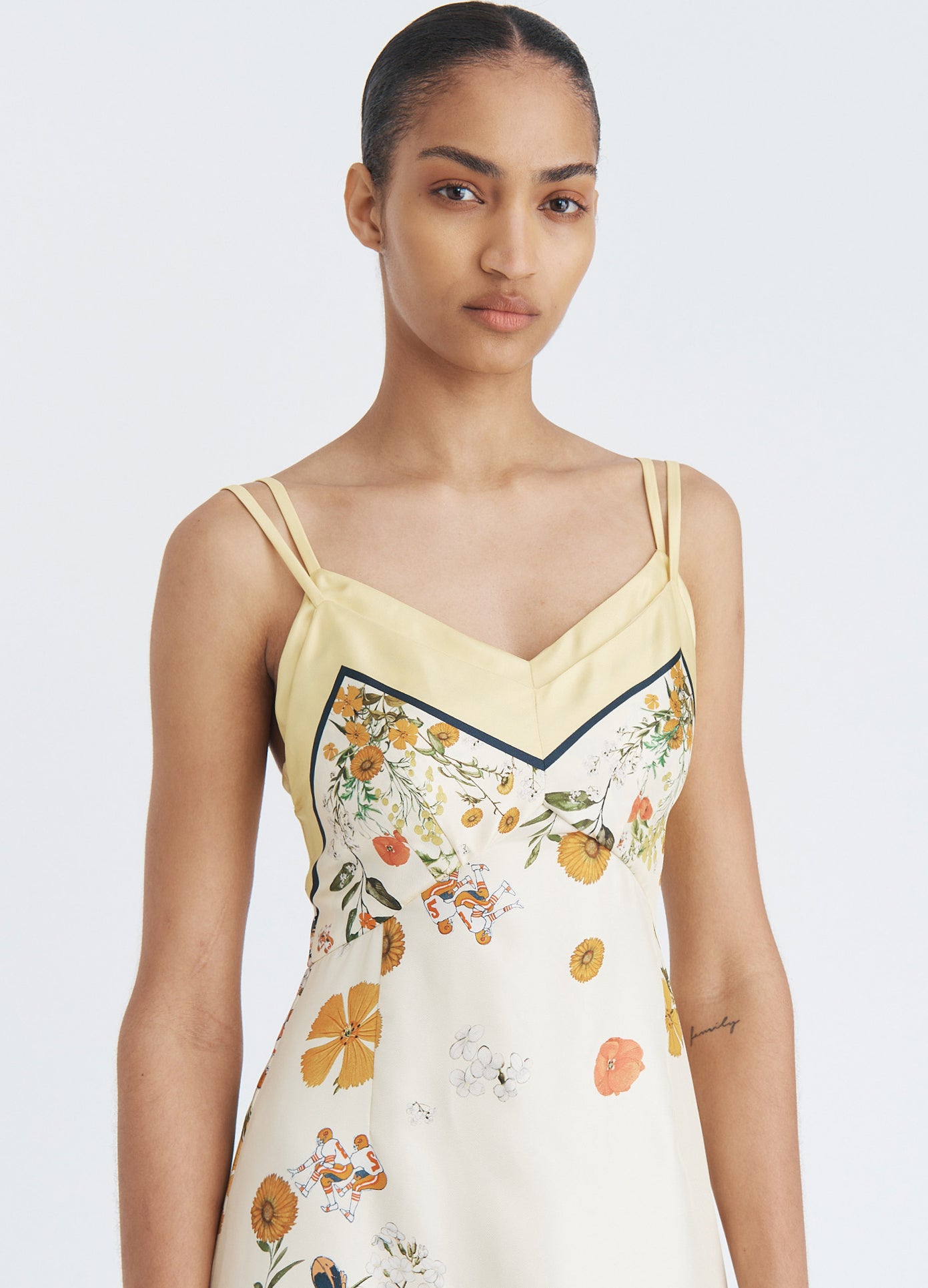 MONSE Double Layer Camisole Dress in yellow multi on model front detail view