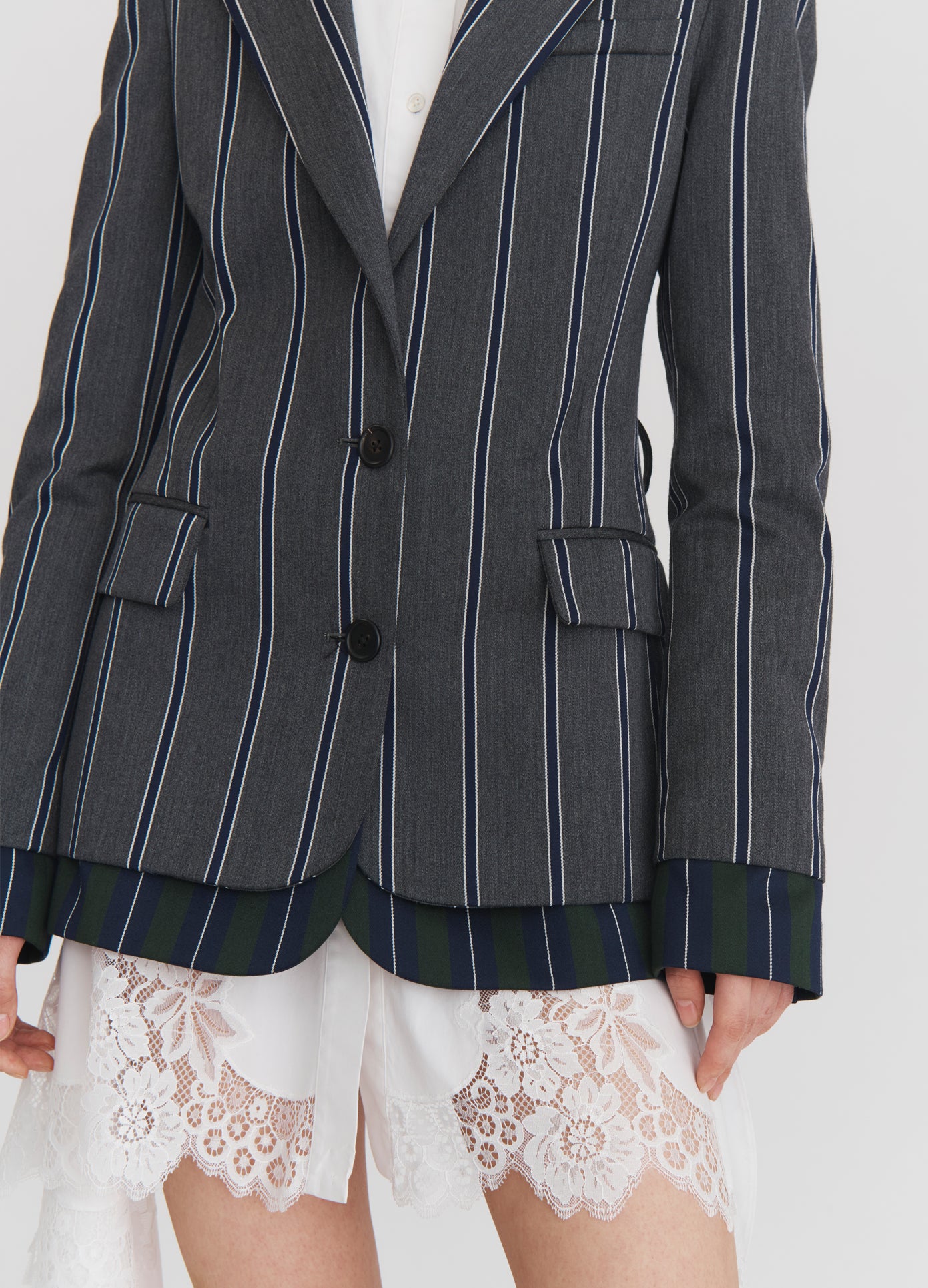 MONSE Double Layer Jacket in Grey Stripe on model front detail view