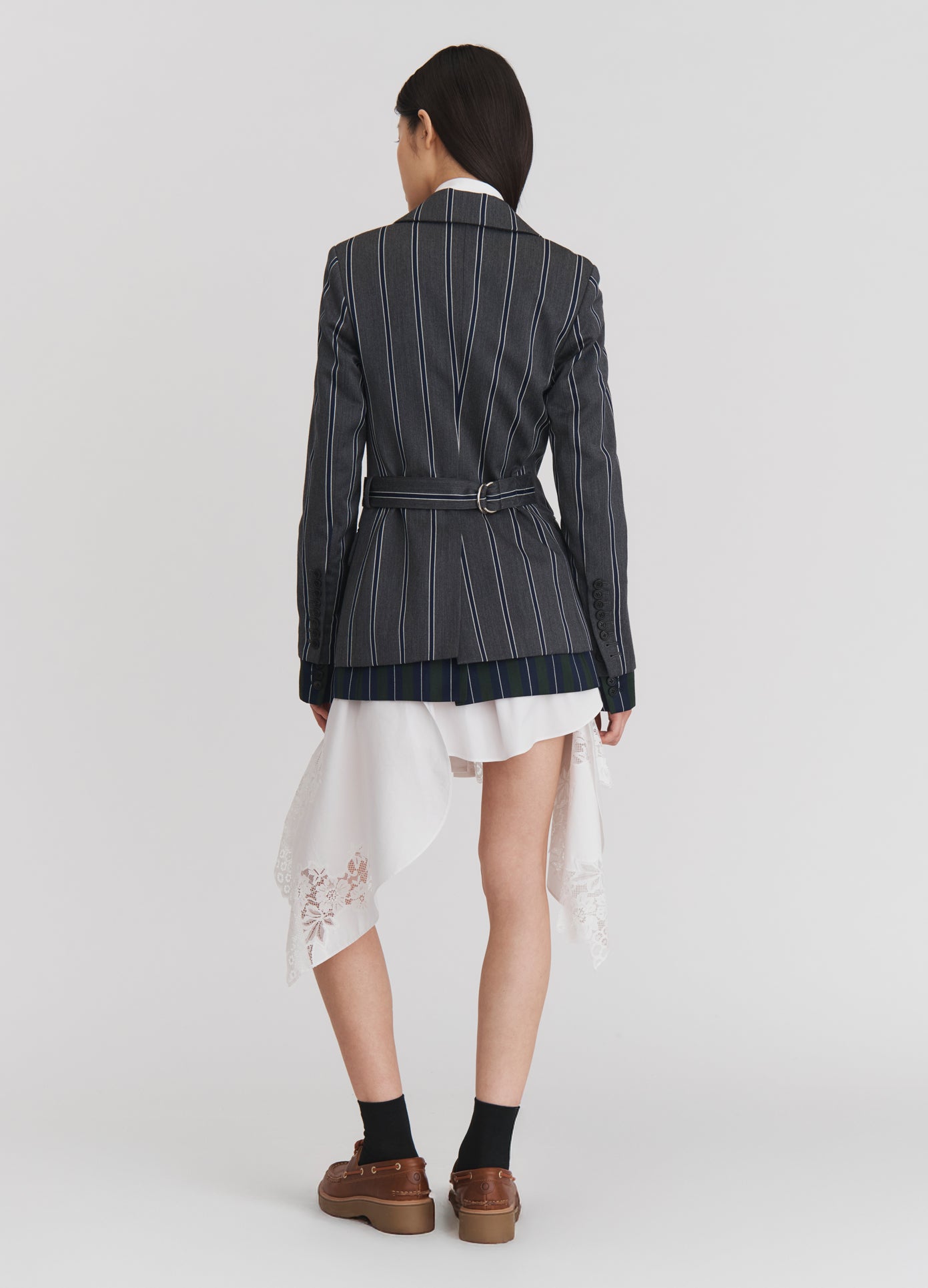 MONSE Double Layer Jacket in Grey Stripe on model full back view