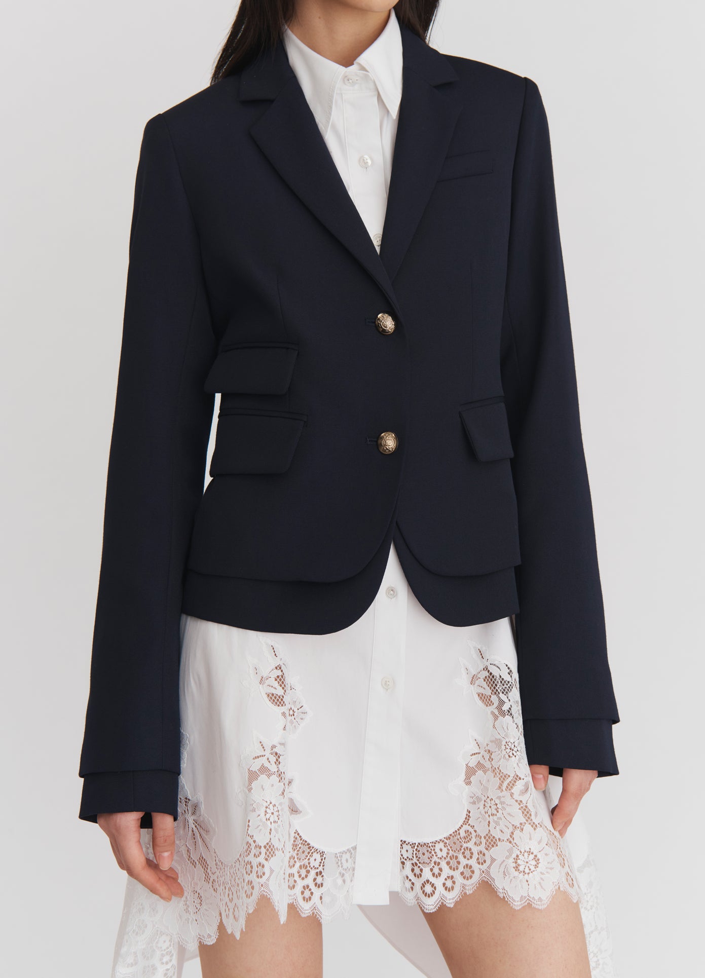 MONSE Double Layer Tailored Jacket in Midnight on model front detail view