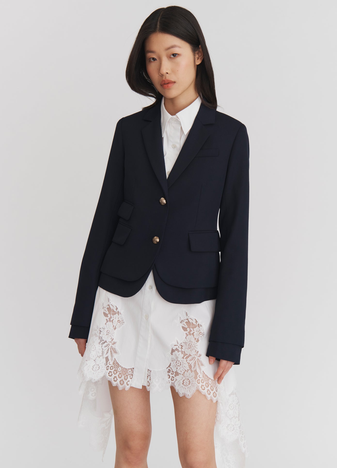 MONSE Double Layer Tailored Jacket in Midnight on model front view