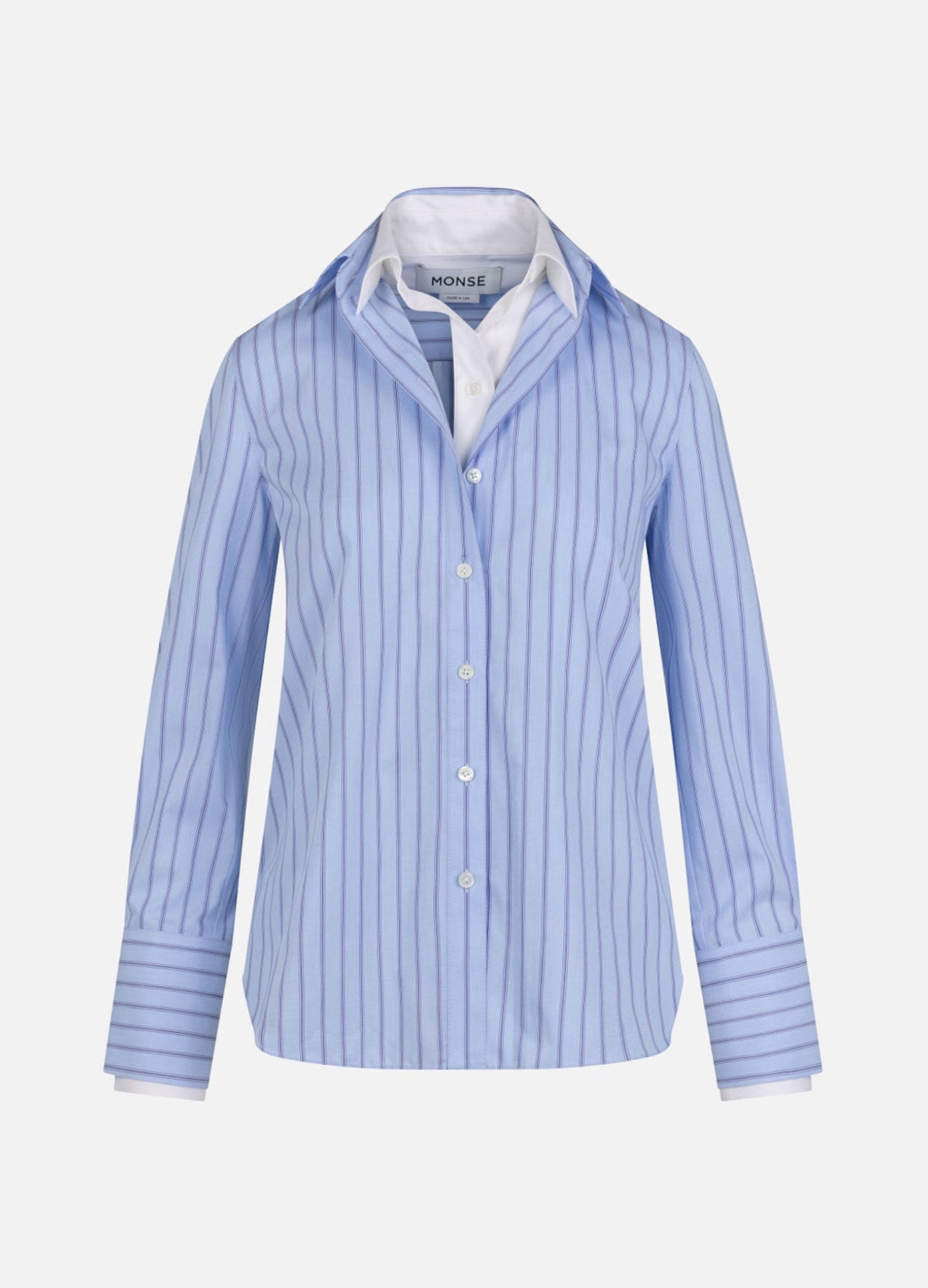 MONSE Double Layered Shirt in Oxford Blue and white flat front