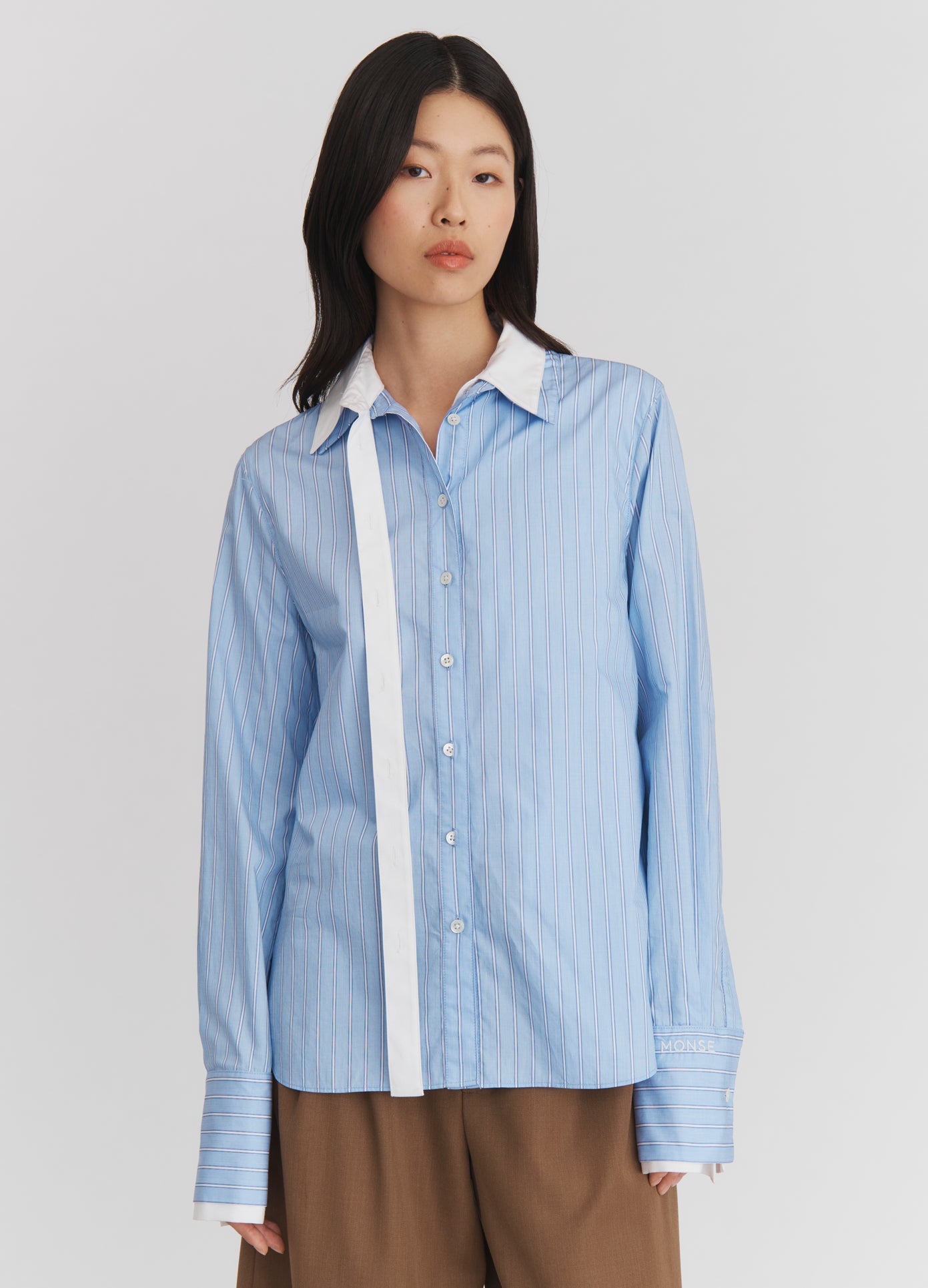 MONSE Double Layered Shirt in Oxford Blue and White on model front view