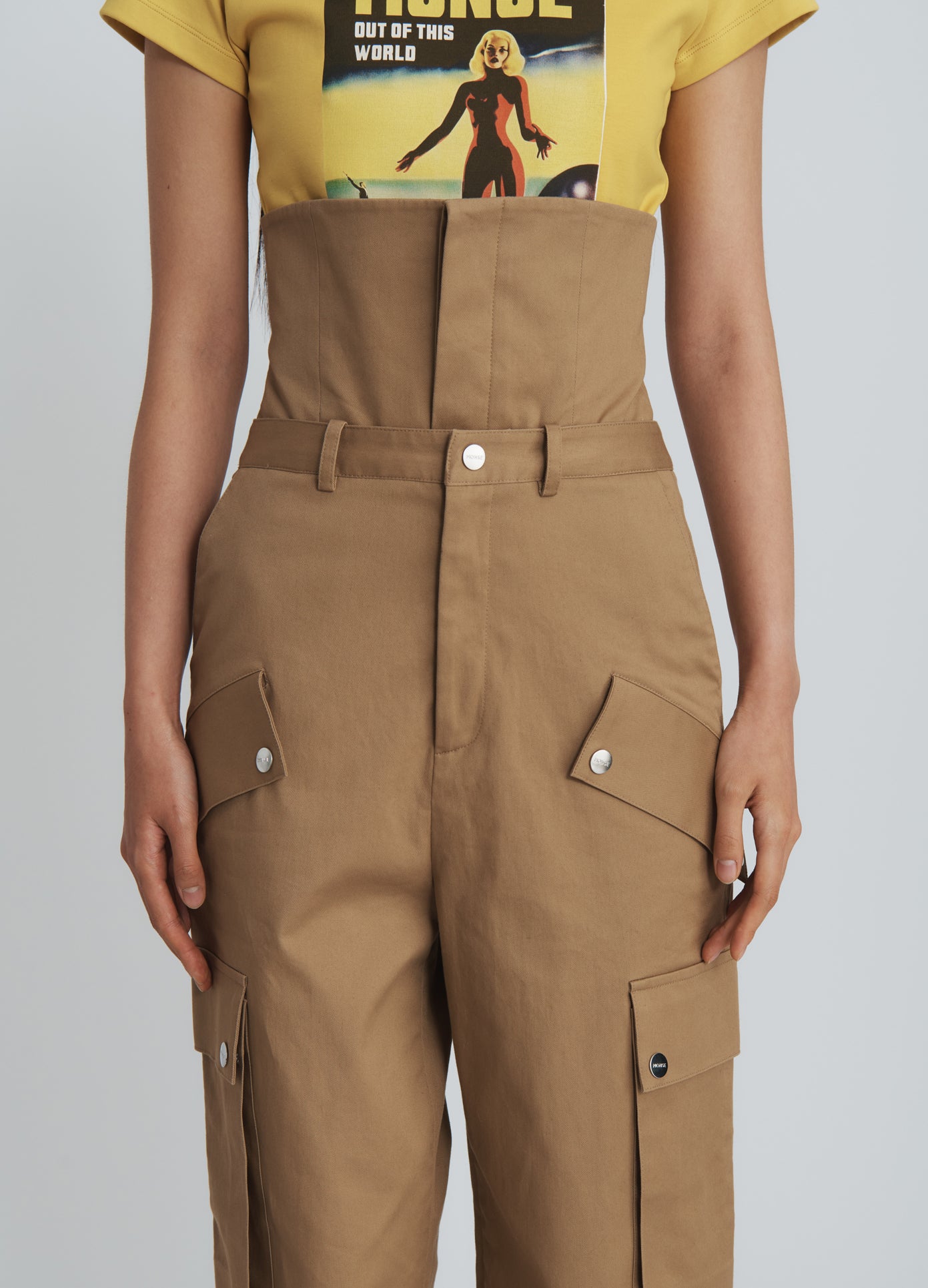 MONSE Double Waistband Cargo Pants in beige on model front detail view