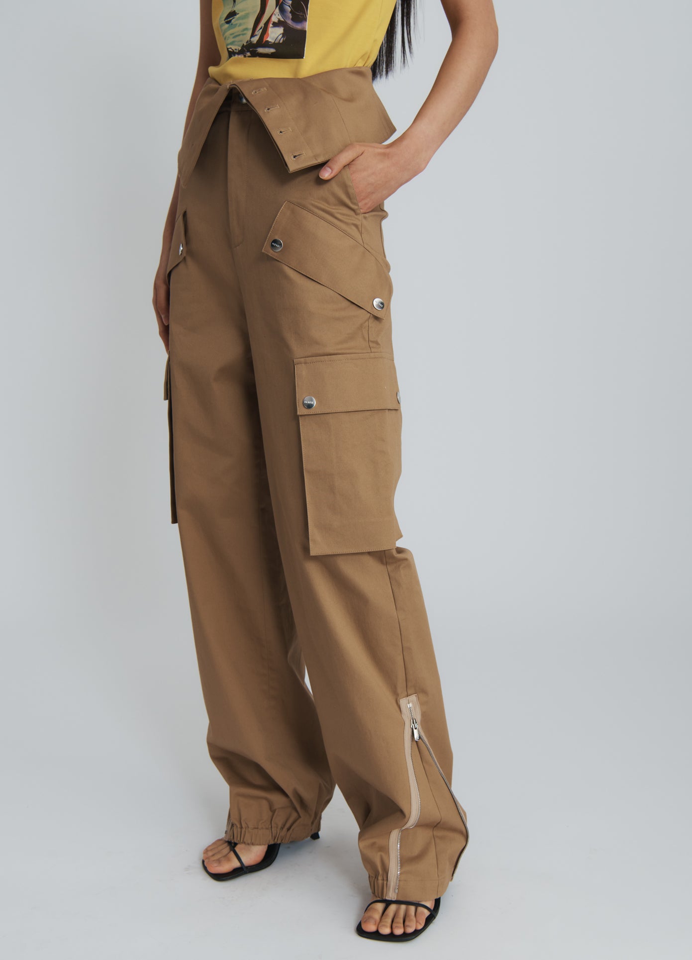 MONSE Double Waistband Cargo Pants in beige on model front side view