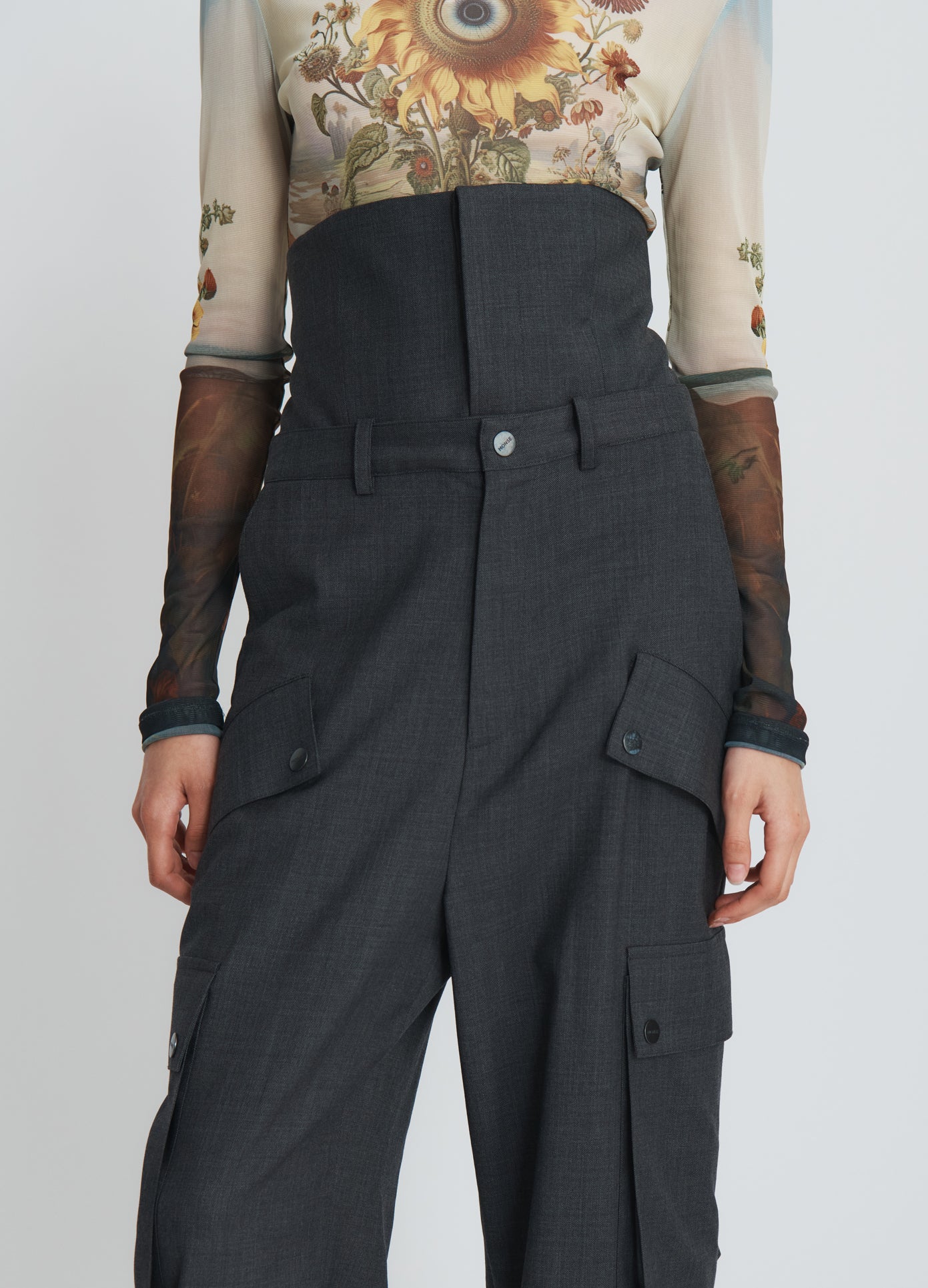 MONSE Double Waistband Cargo Pants in charcoal on model front detail view