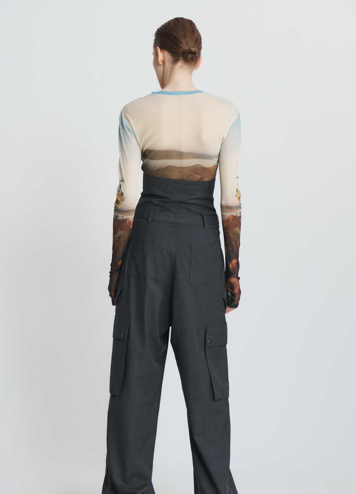 MONSE Double Waistband Cargo Pants in charcoal on model full back view