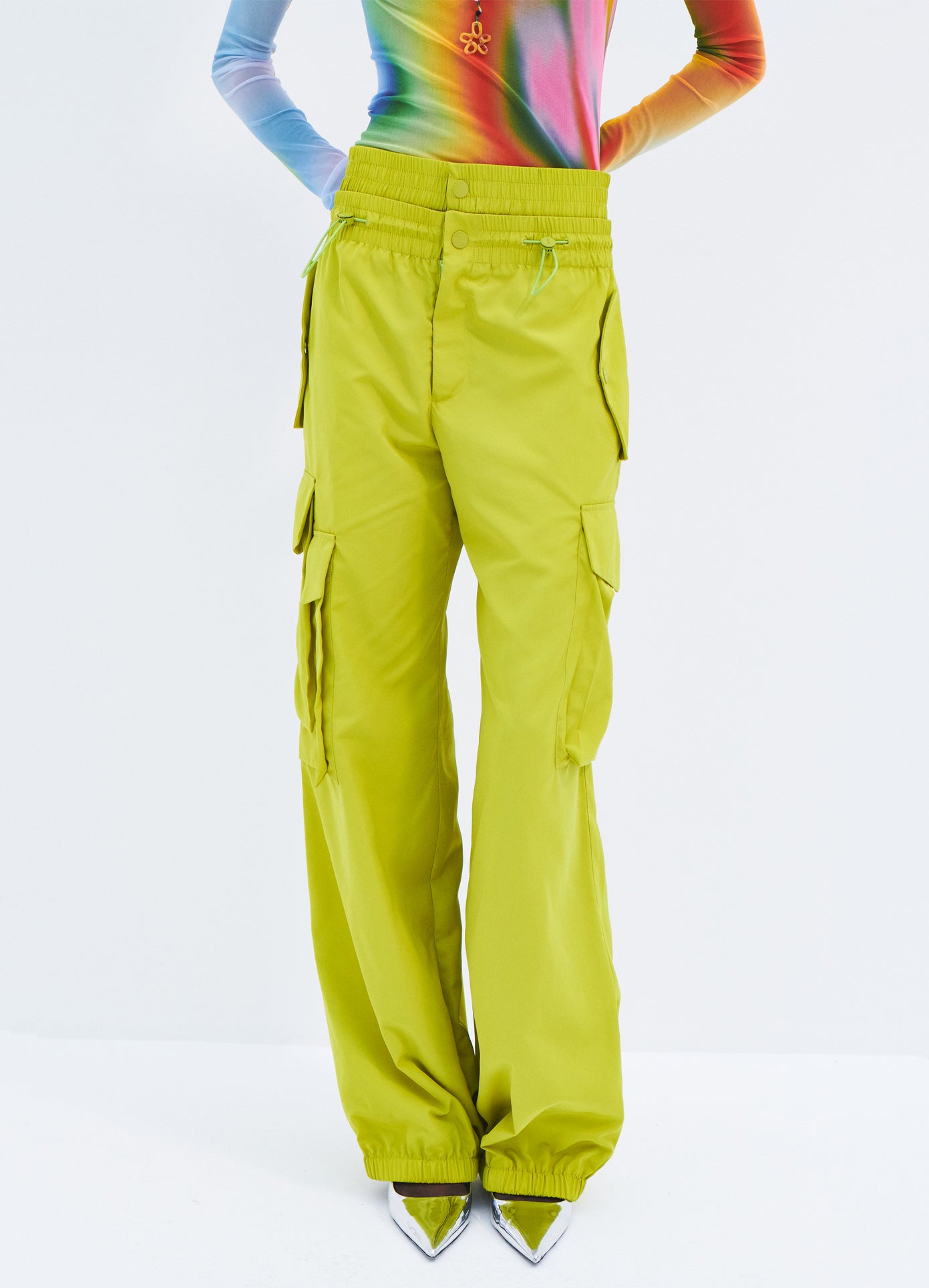 MONSE Double Waistband Cargo Pants in Lime on model front detail view