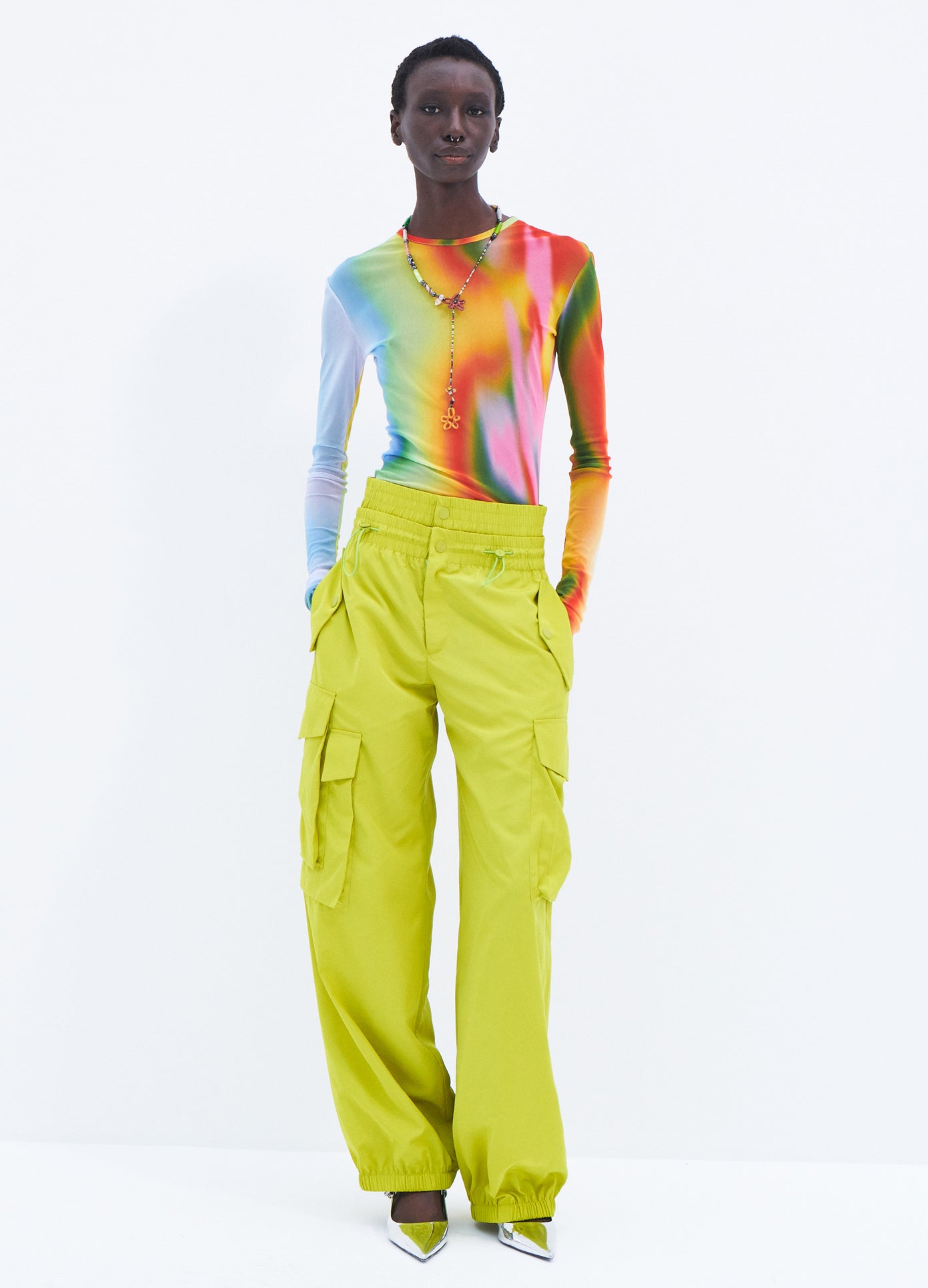 MONSE Double Waistband Cargo Pants in Lime on model full front view