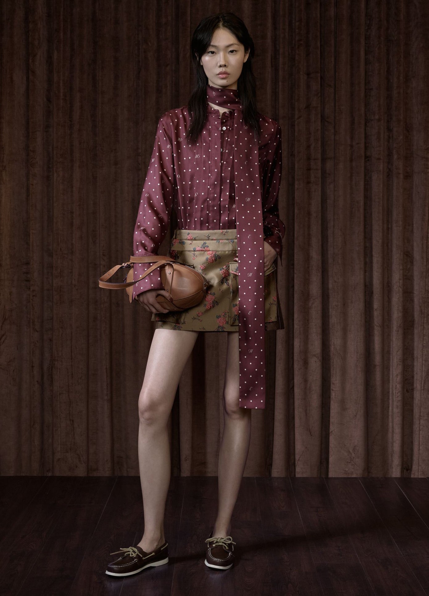 MONSE Double Waistband Cargo Skirt in brown on runway model full front view