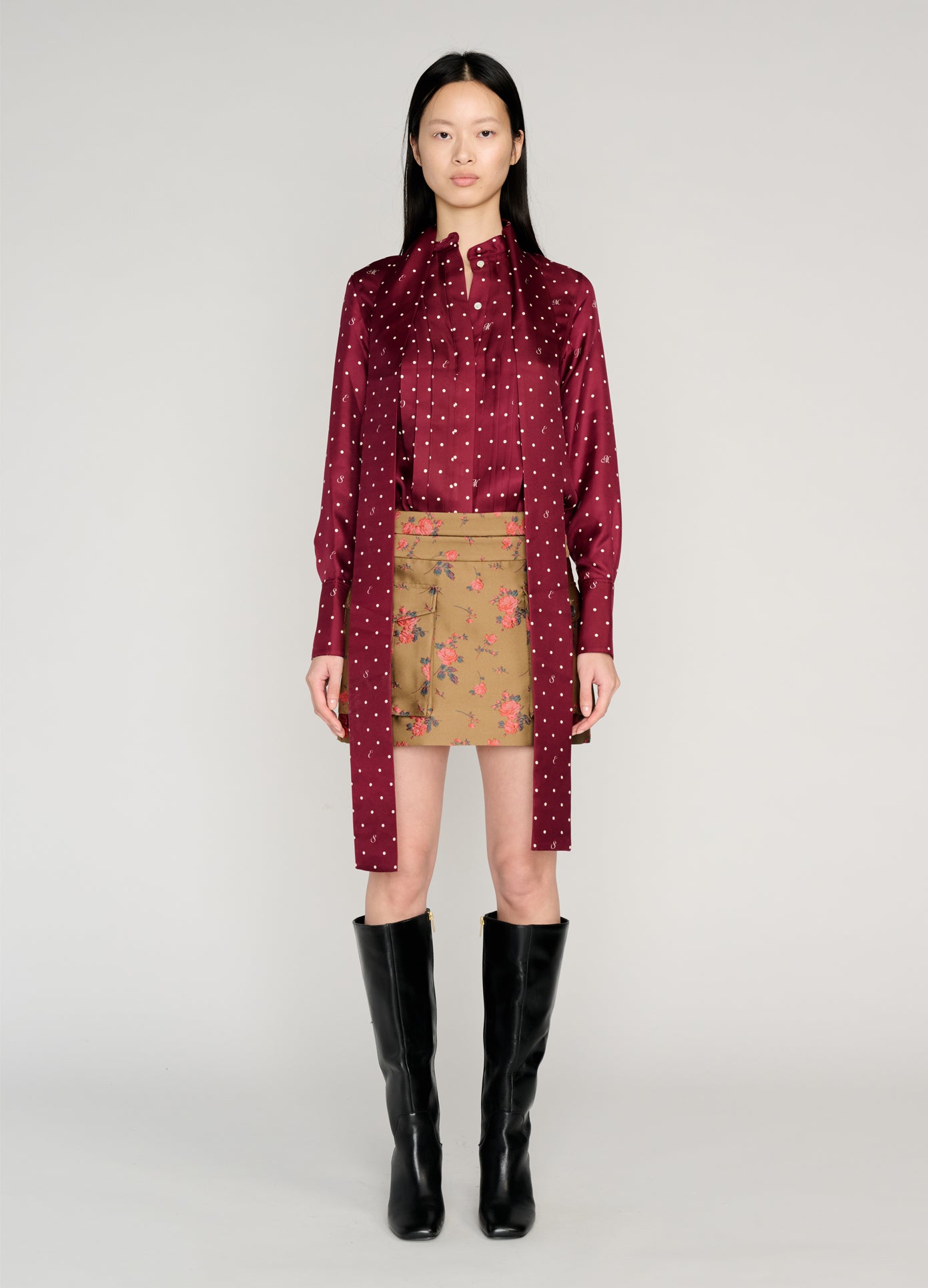 MONSE Double Waistband Cargo Skirt in brown on model full front view