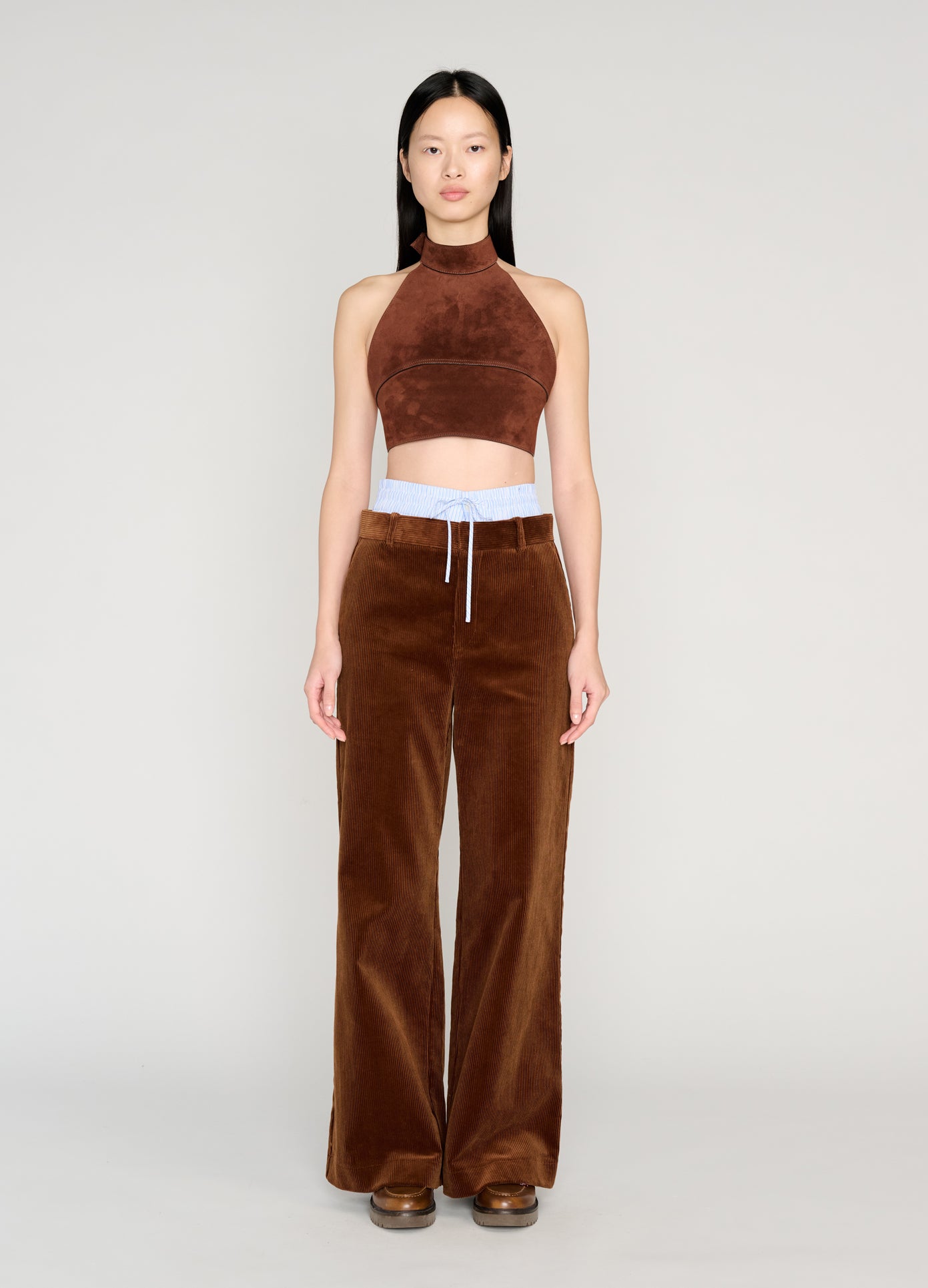 MONSE Double Waistband Combo Corduroy Trousers in brown on model full front view