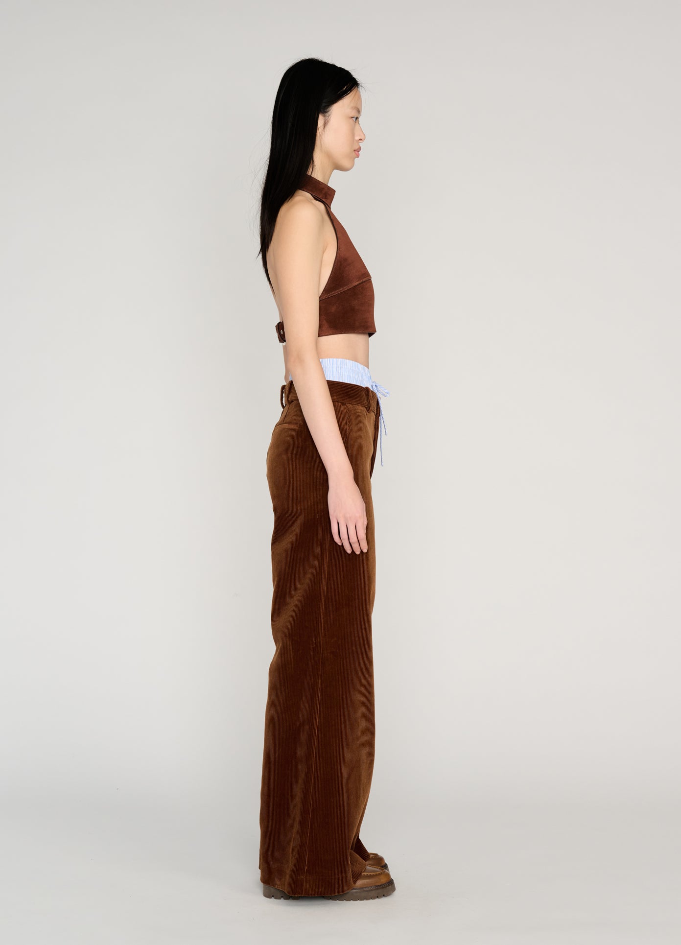 MONSE Double Waistband Combo Corduroy Trousers in brown on model full side view