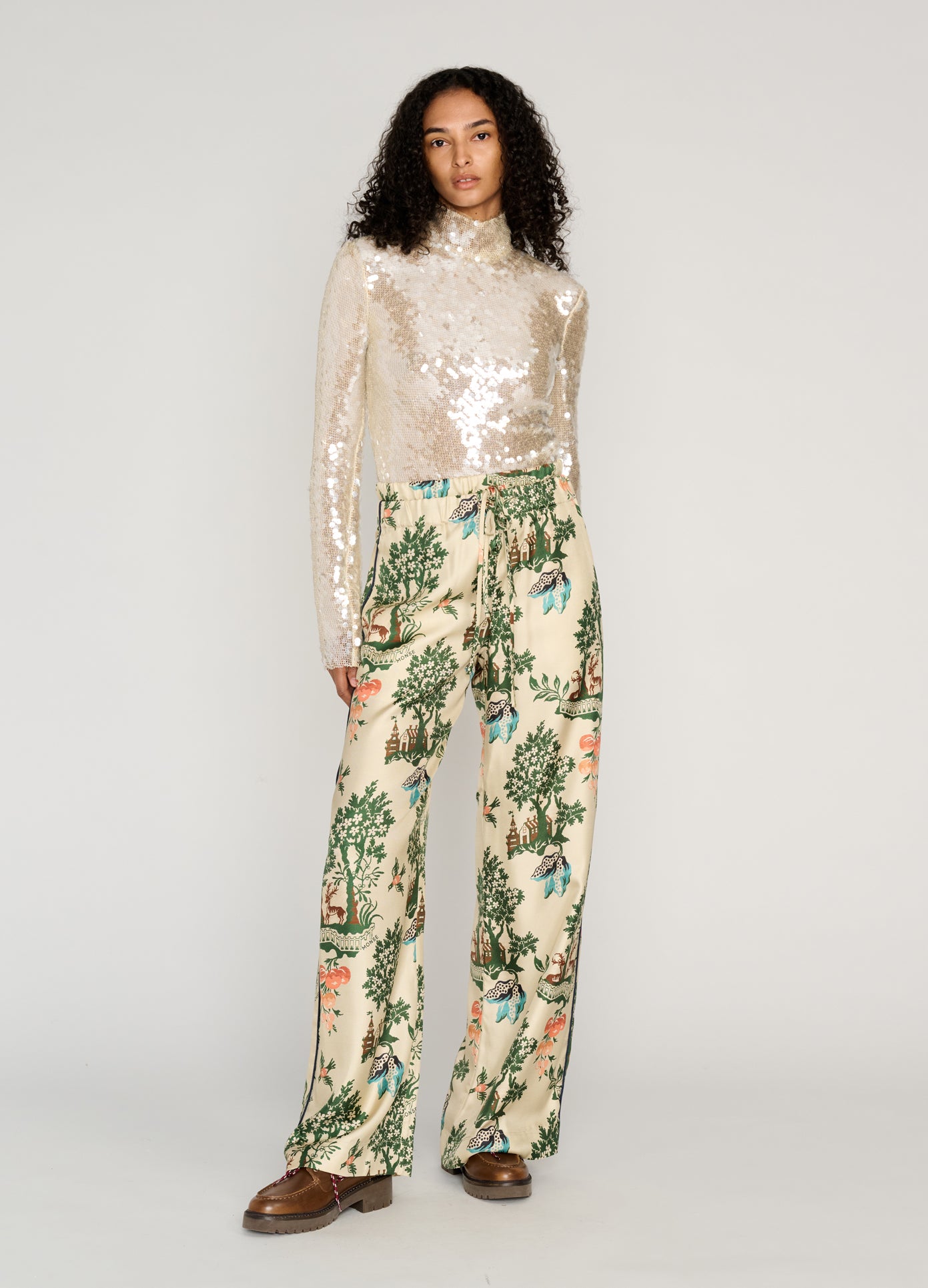 MONSE Double Waistband Pull On Sweatpants in multi on model style full front view