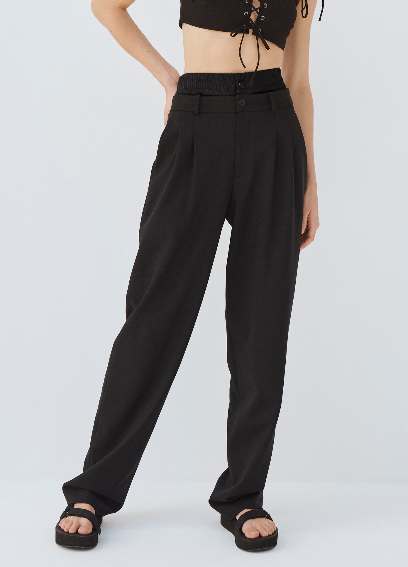 MONSE Double Waistband Trouser in Black on model front detail view