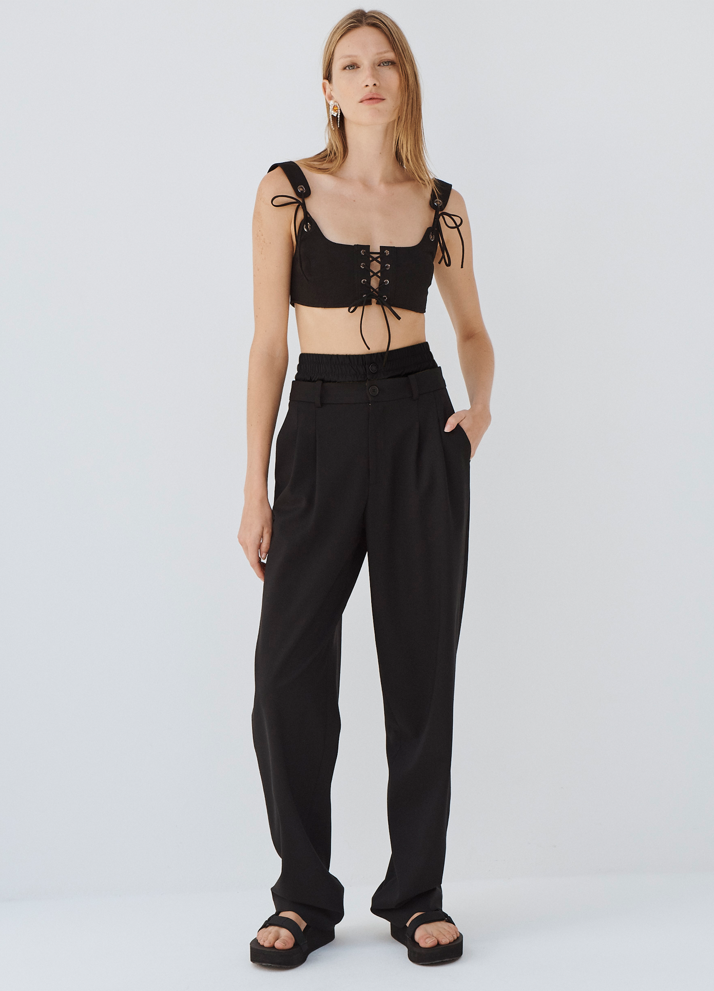 MONSE Double Waistband Trouser in Black on model full front view main image