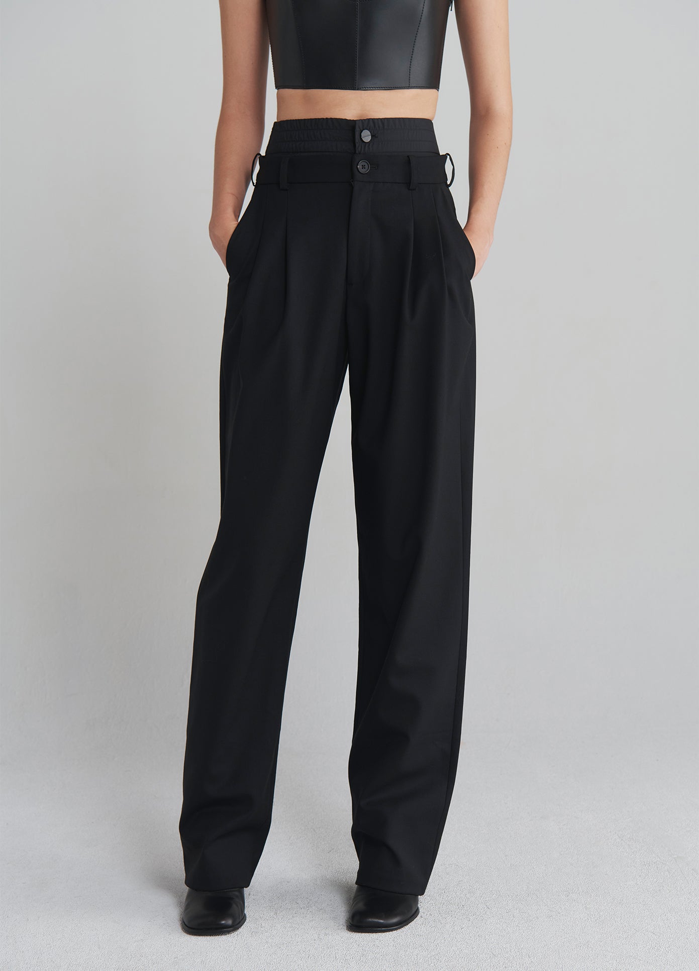 MONSE Double Waistband Trousers in Black on model front view