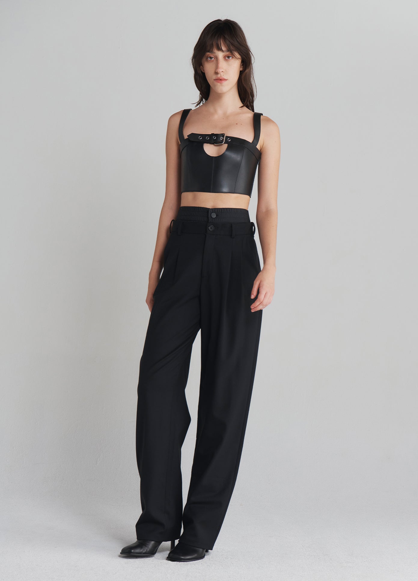 MONSE Double Waistband Trousers in Black on model full front view