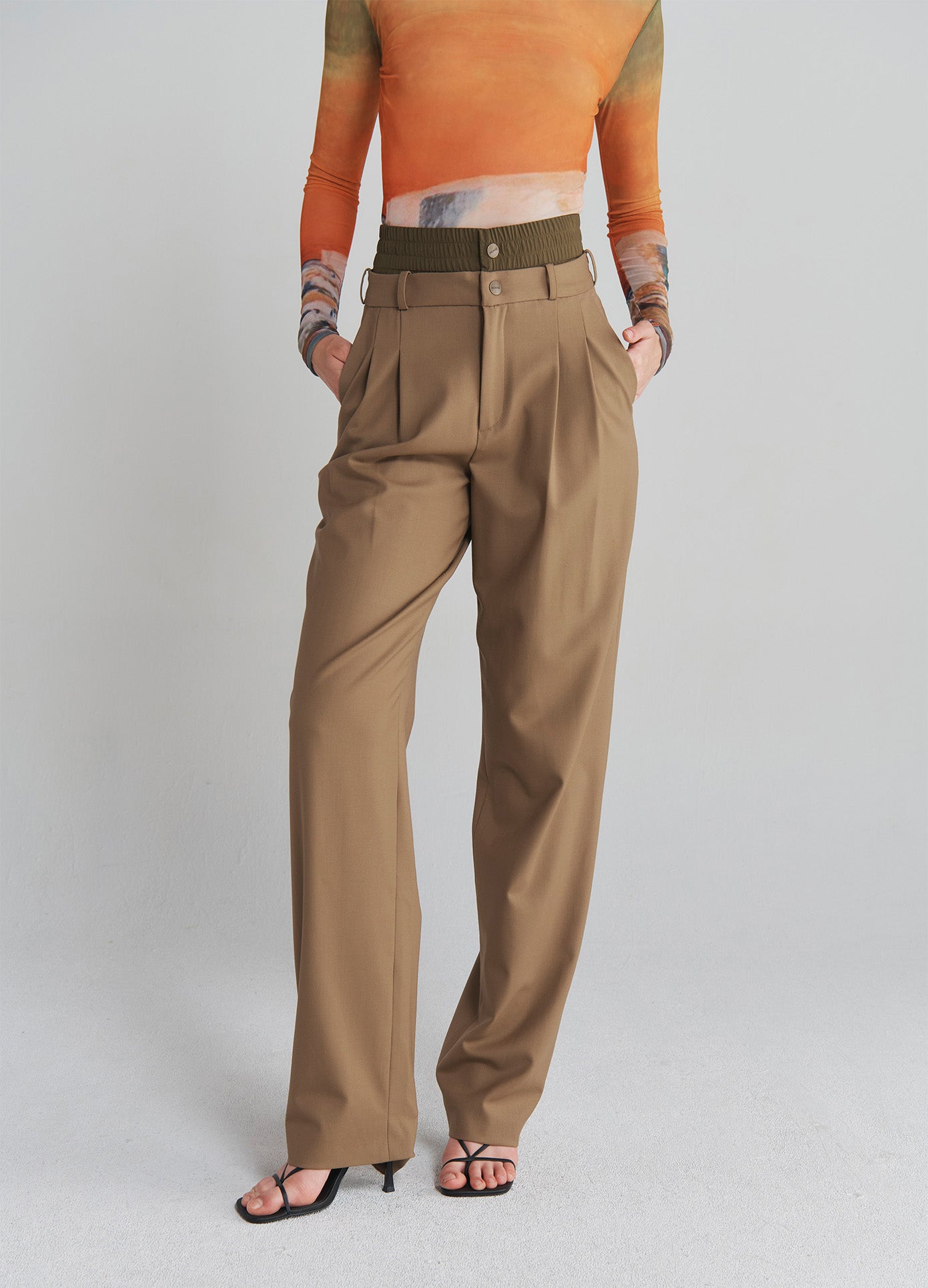 MONSE Double Waistband Trousers in Dark Khaki on model front bottom view