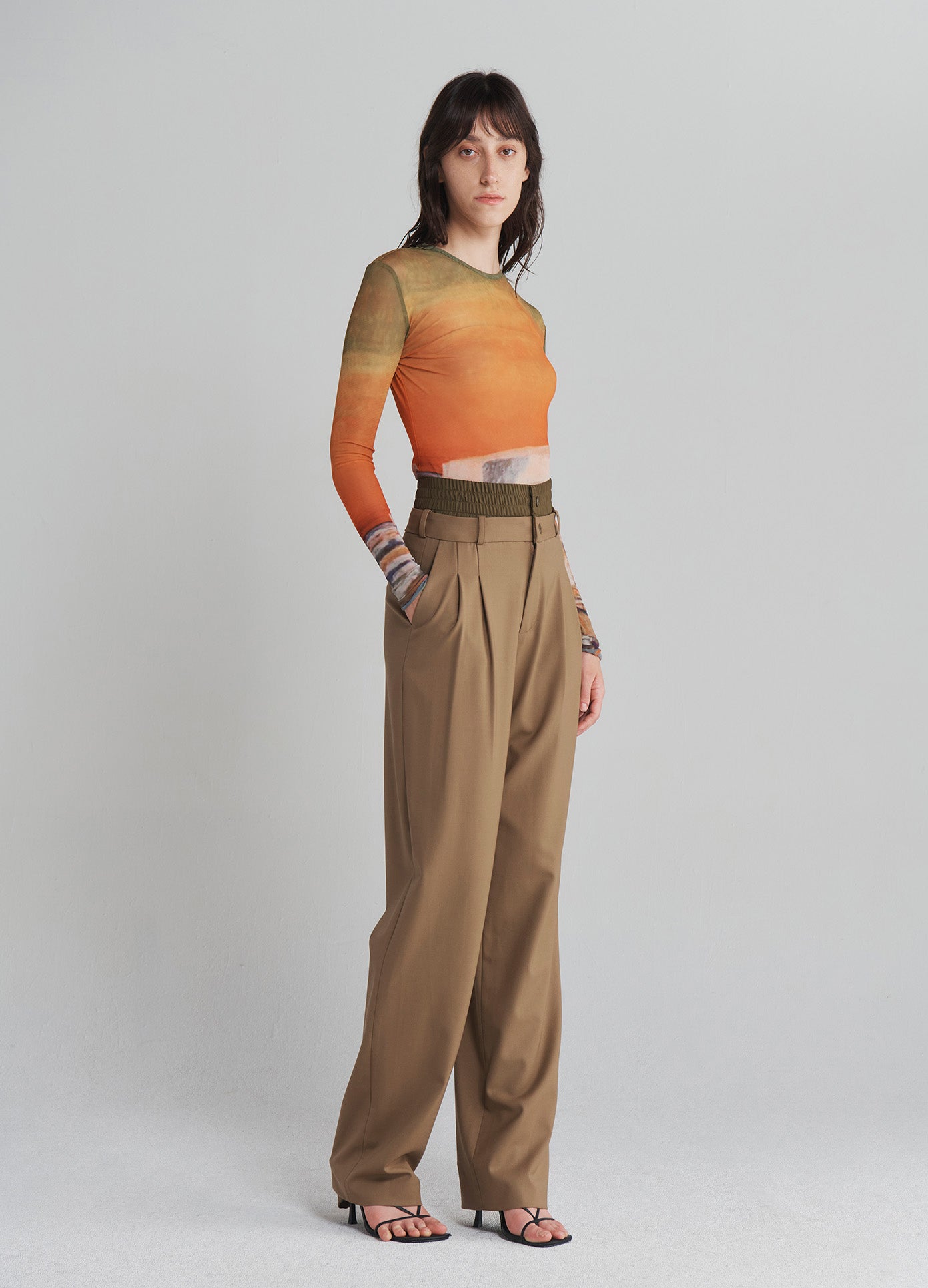 MONSE Double Waistband Trousers in Dark Khaki on model full side view