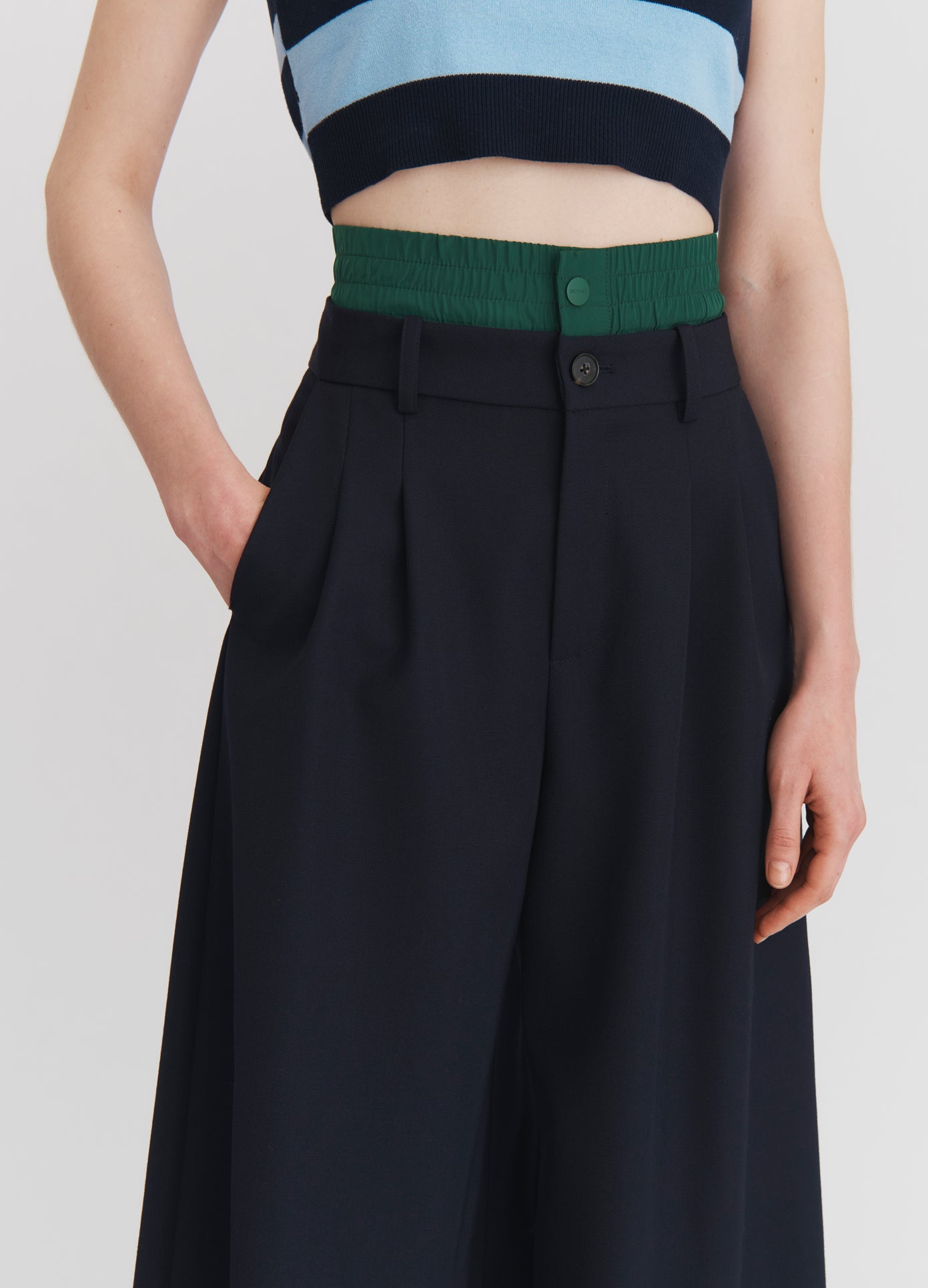 MONSE Double Waistband Trousers in Midnight on model front trouser detail view