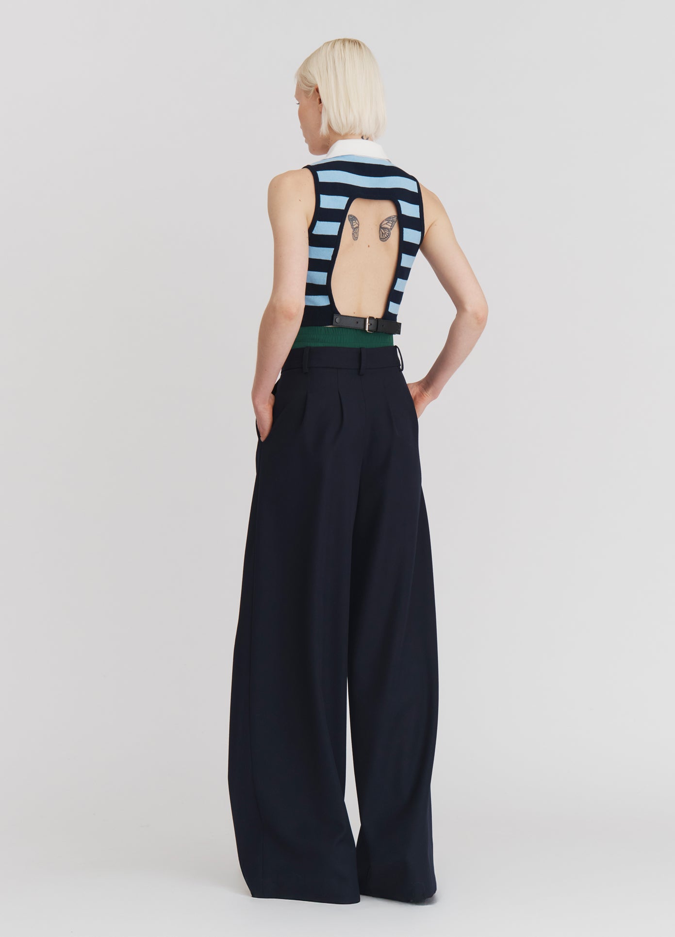 MONSE Double Waistband Trousers in Midnight on model full back view