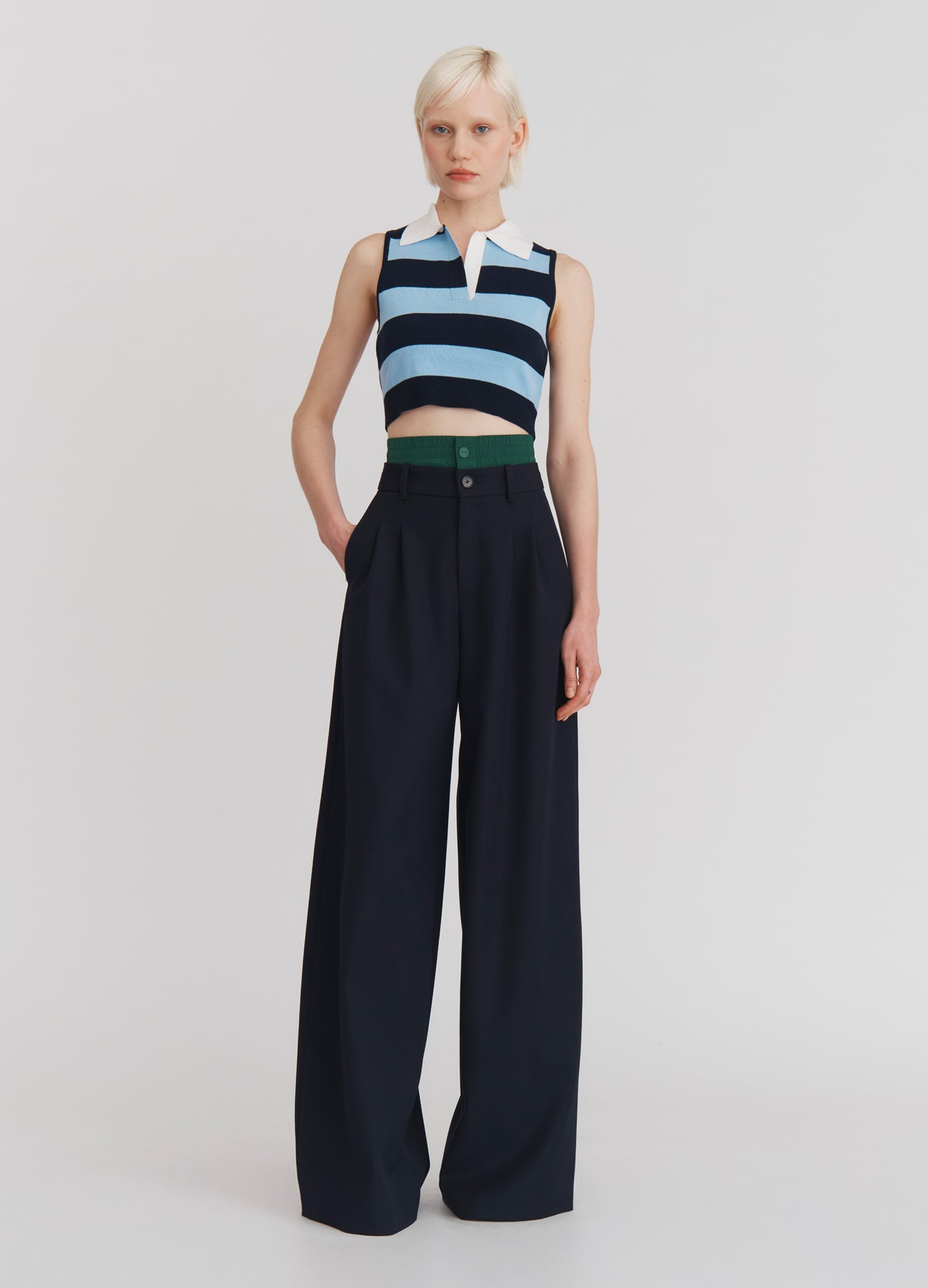 MONSE Double Waistband Trousers in Midnight on model full front view