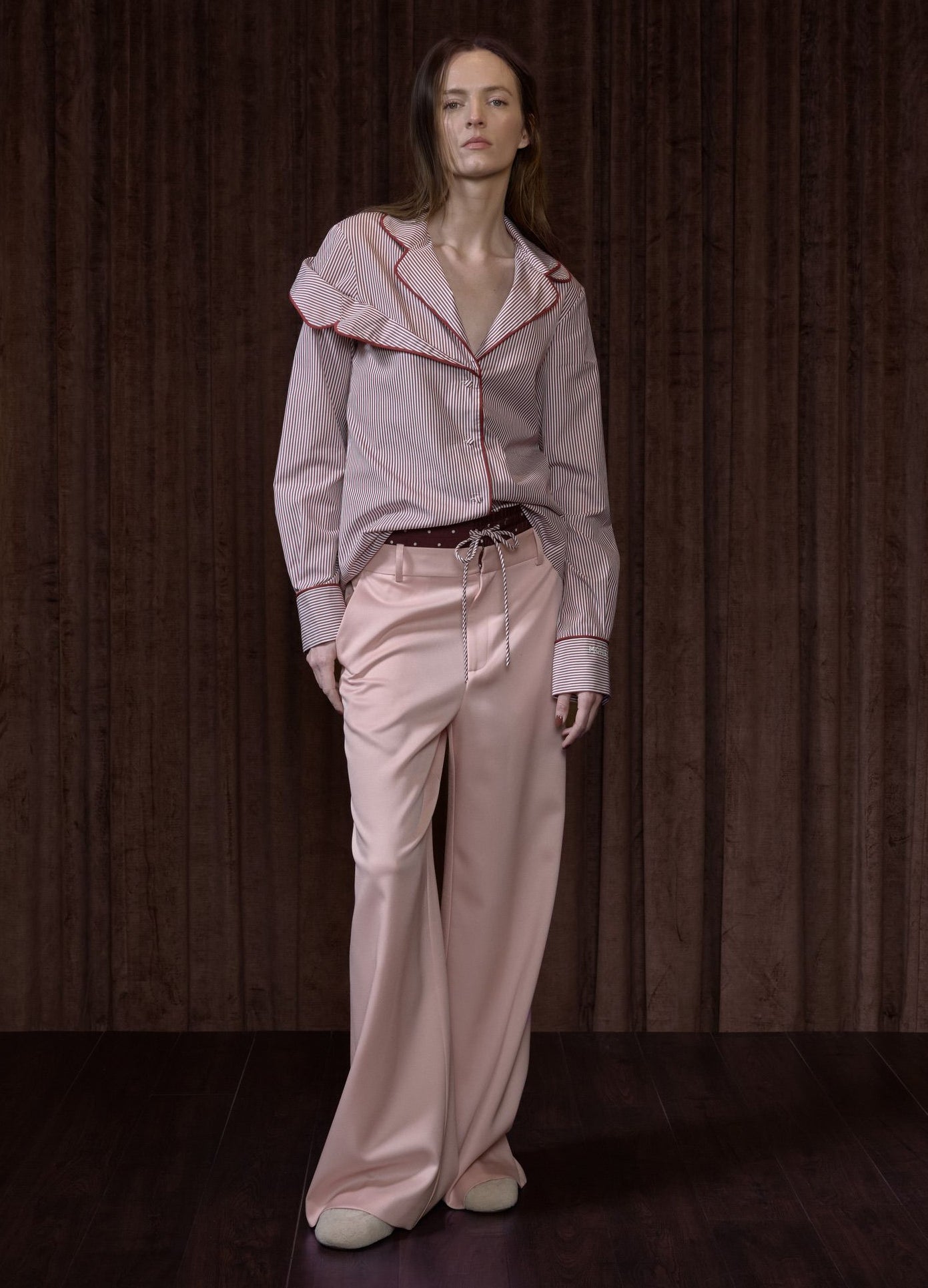 MONSE Double Waistband Trousers in pink on runway model full front view