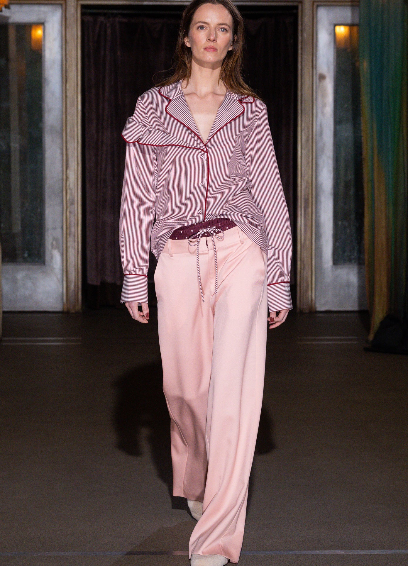 MONSE Double Waistband Trousers in pink on runway model walking show full front view