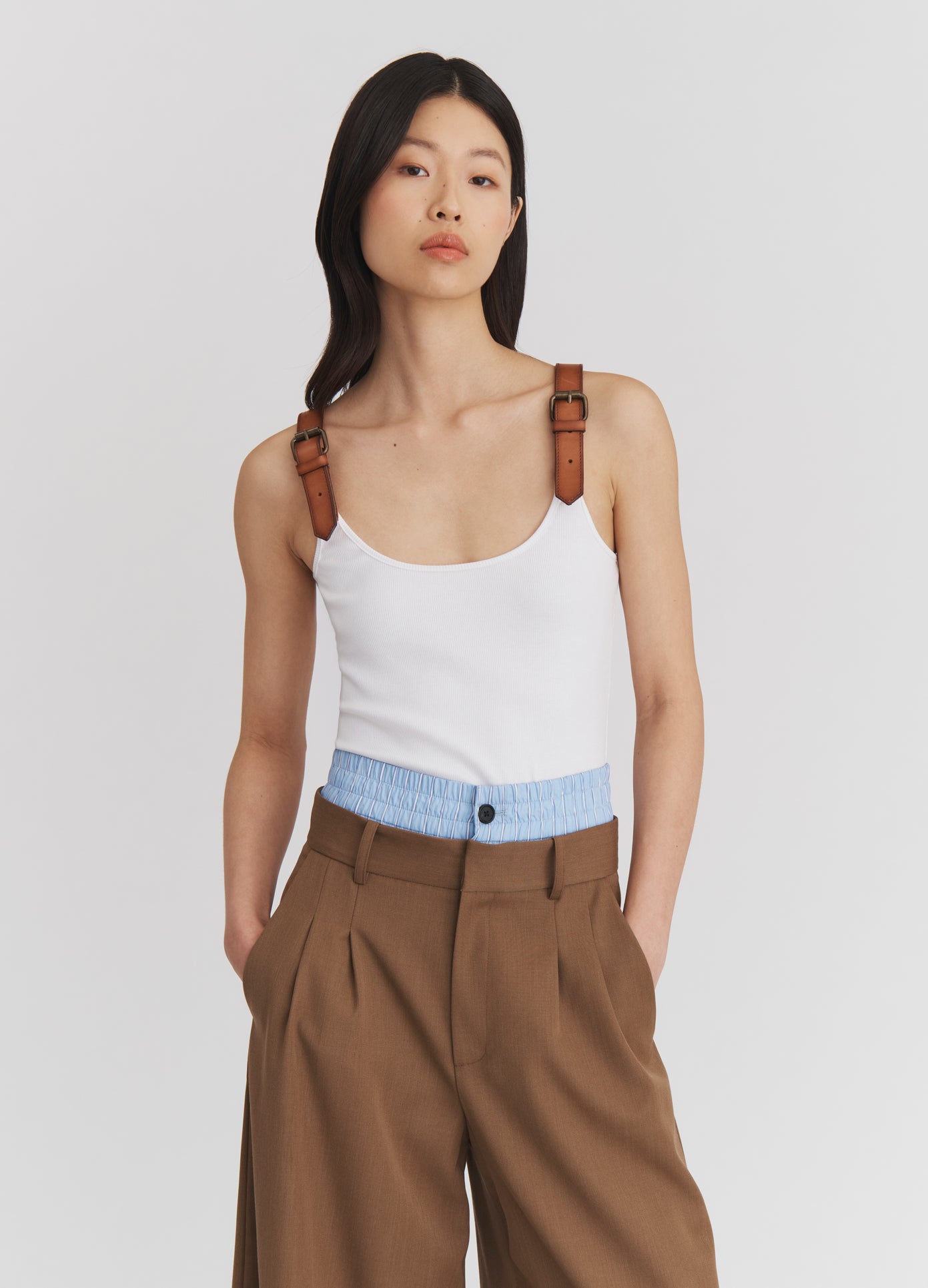 MONSE Double Waistband Wide Leg Shorts in Beige on model front view