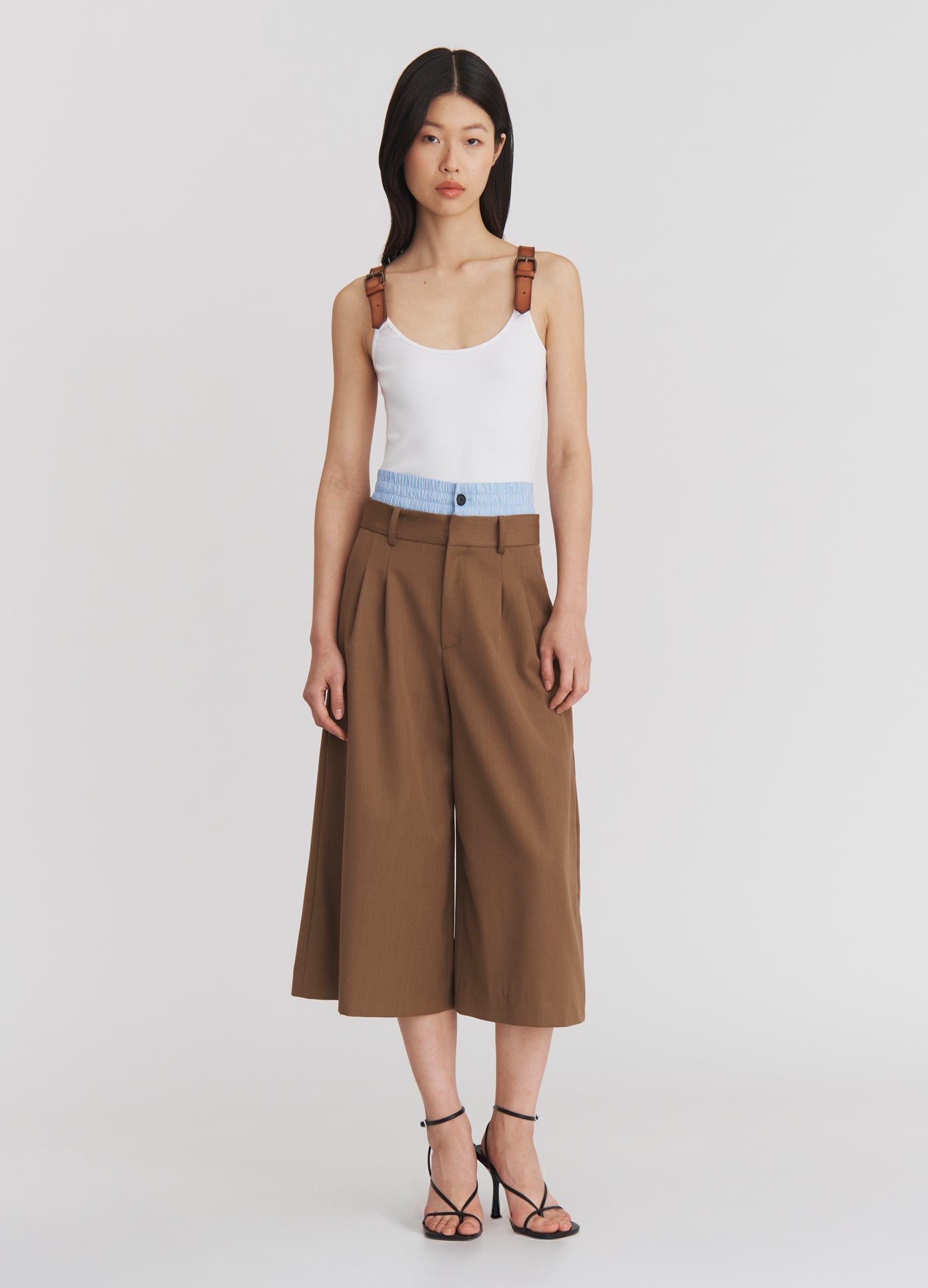 MONSE Double Waistband Wide Leg Shorts in Beige on model full front view