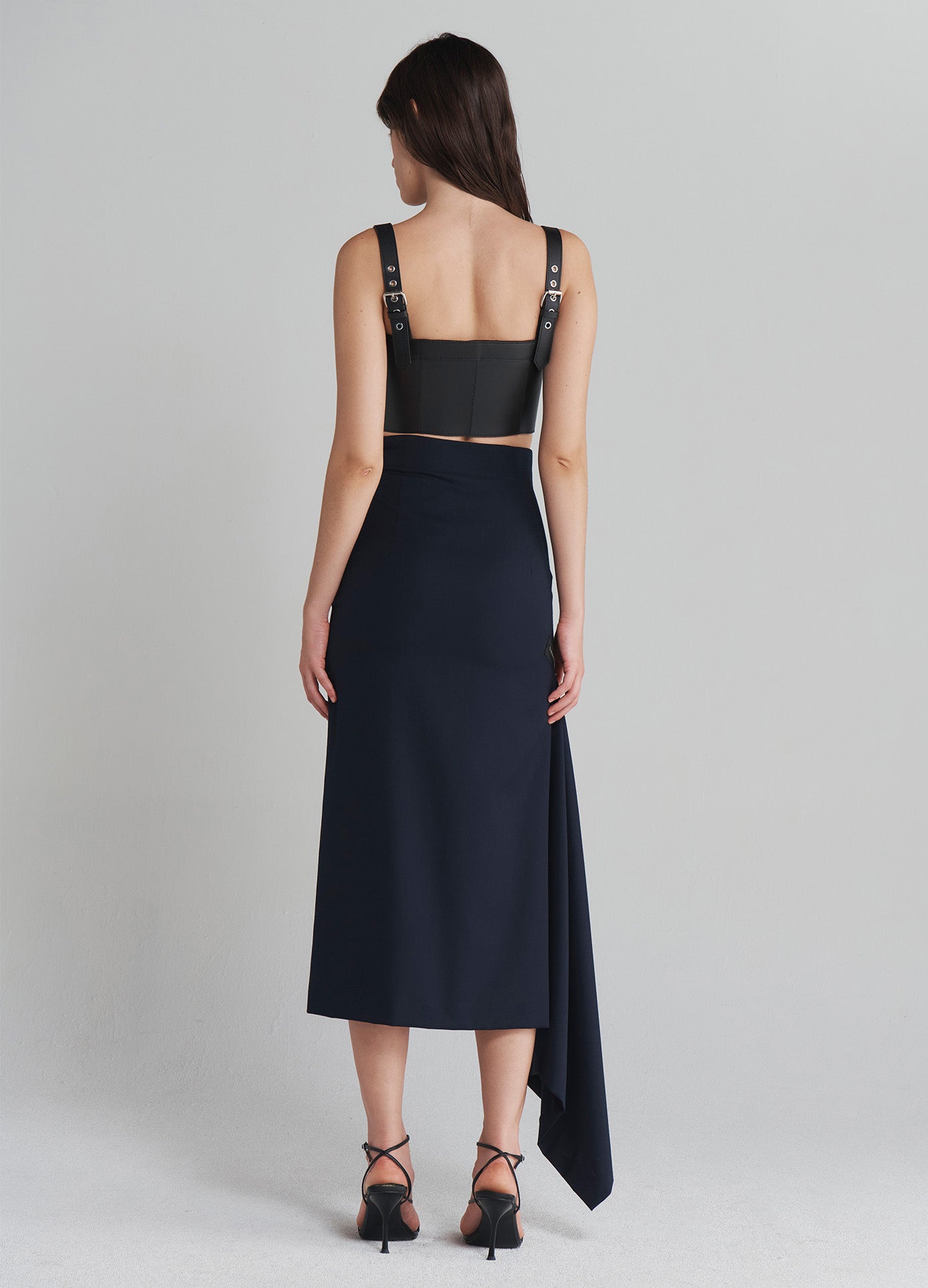 MONSE Double Zipper Midi Skirt in Navy on model full back view