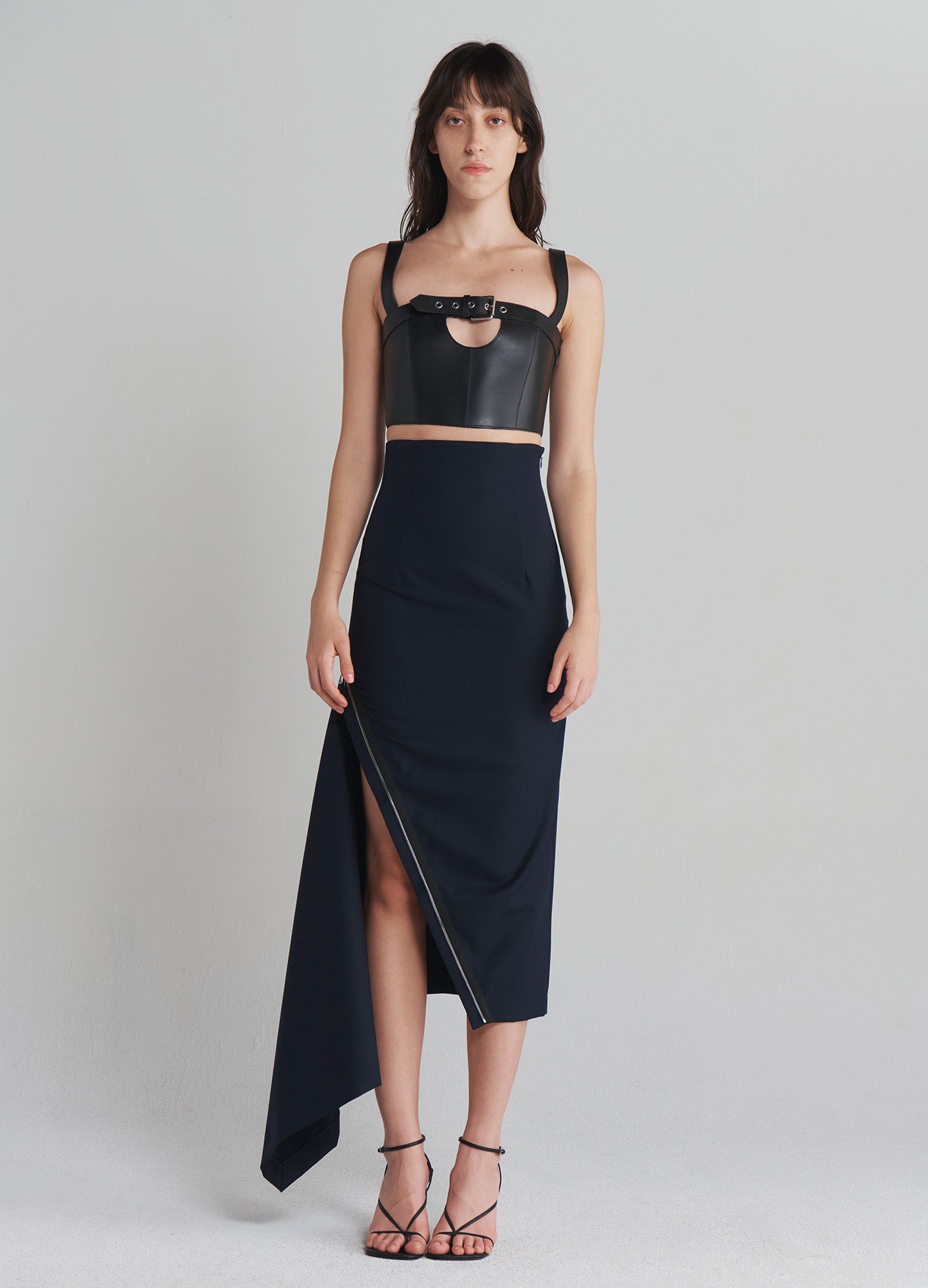 MONSE Double Zipper Midi Skirt in Navy on model full front view