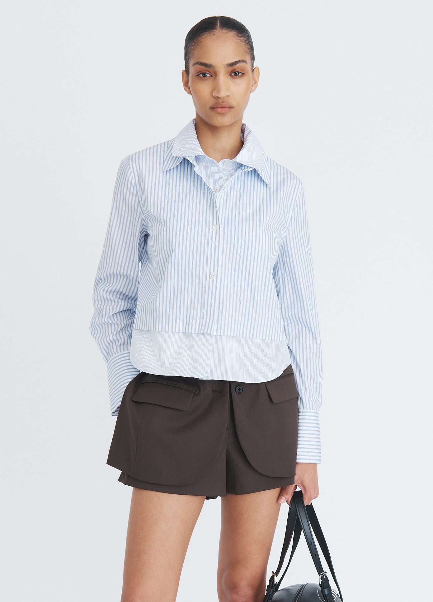MONSE Doubled Cropped Button Down Shirt in blue multi stripe on model front view