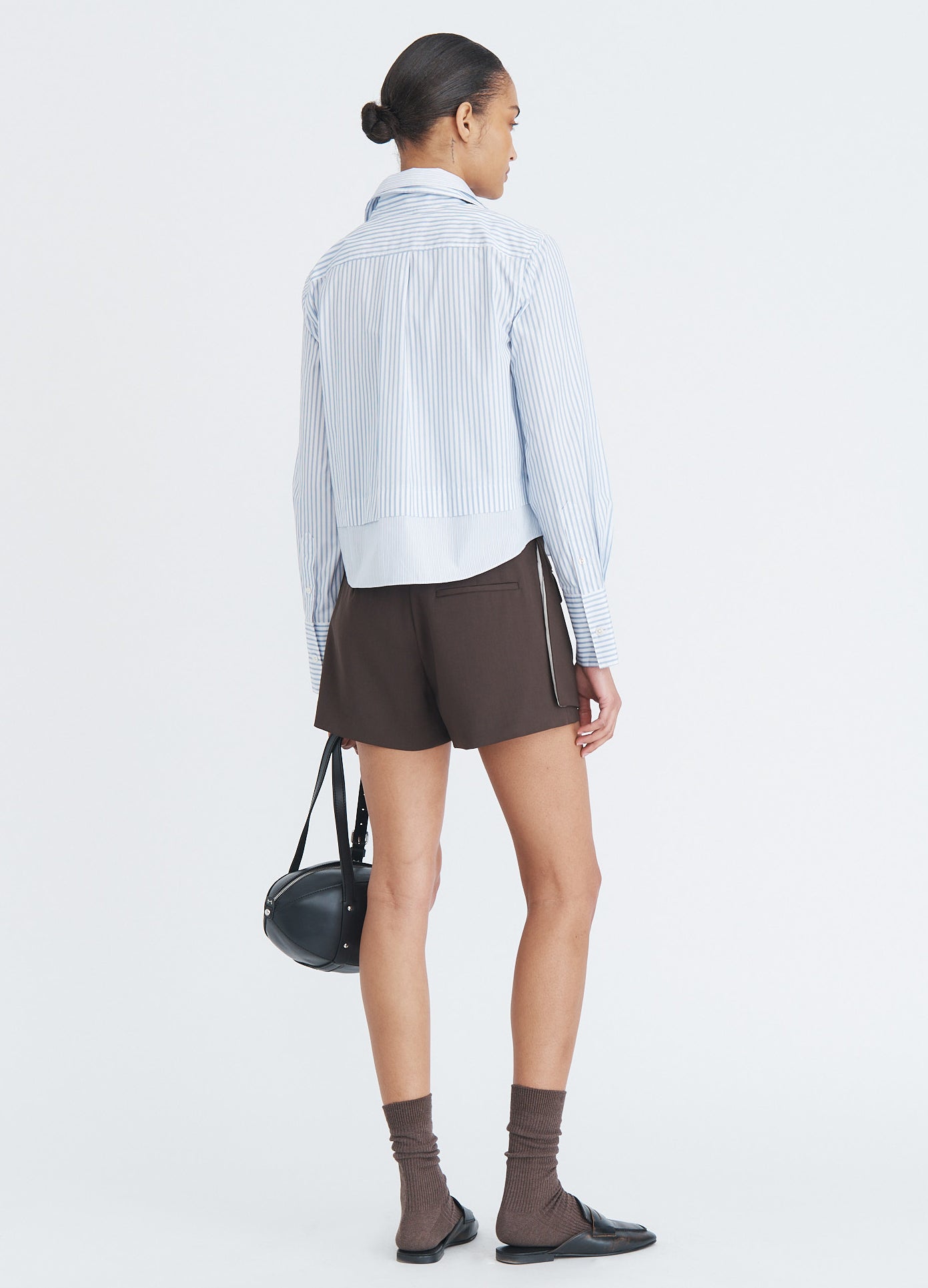 MONSE Doubled Cropped Button Down Shirt in blue multi stripe on model full back view