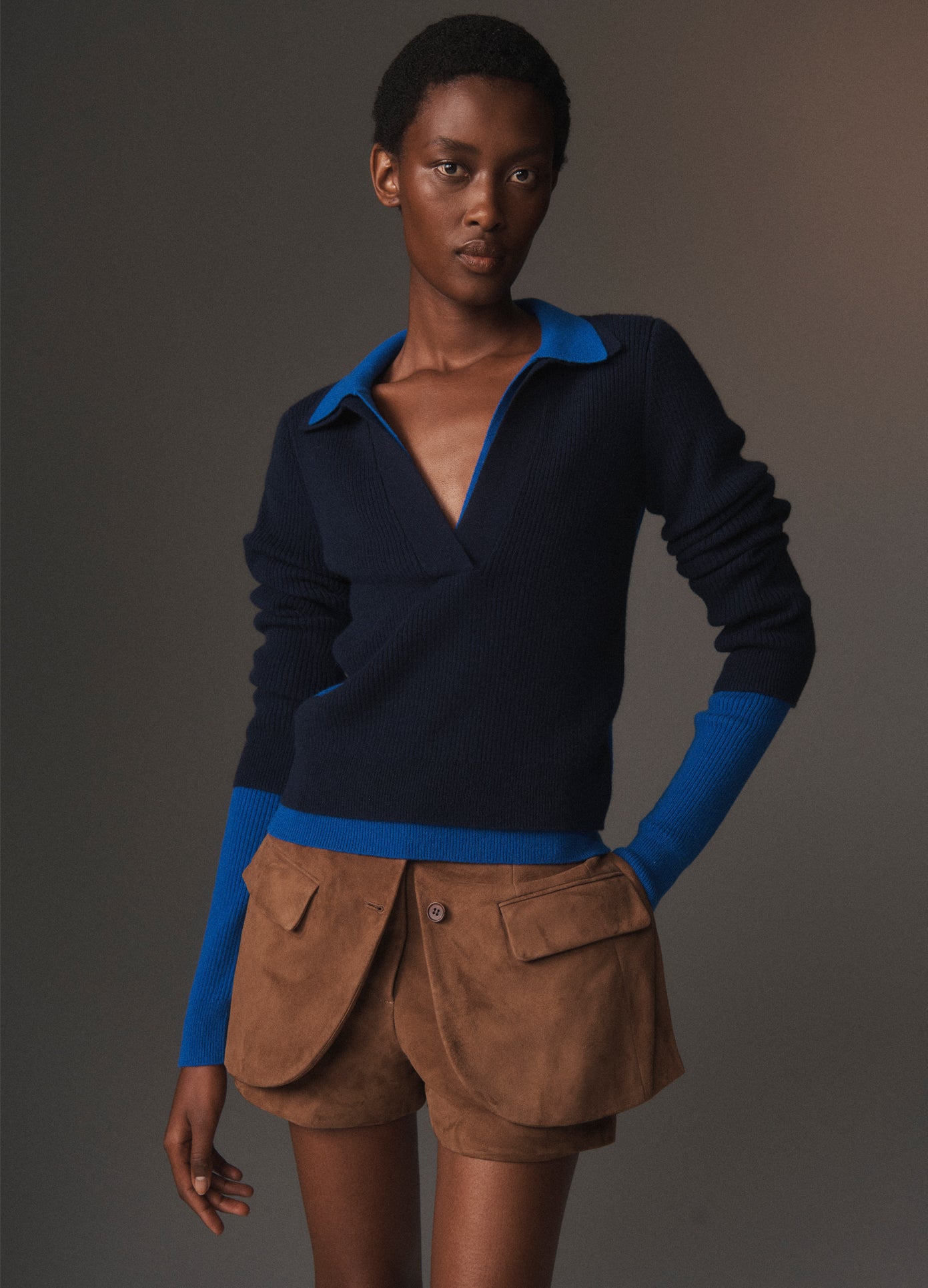 MONSE Double Half Front Placket Knit Pullover in dark sapphire on model lookbook image