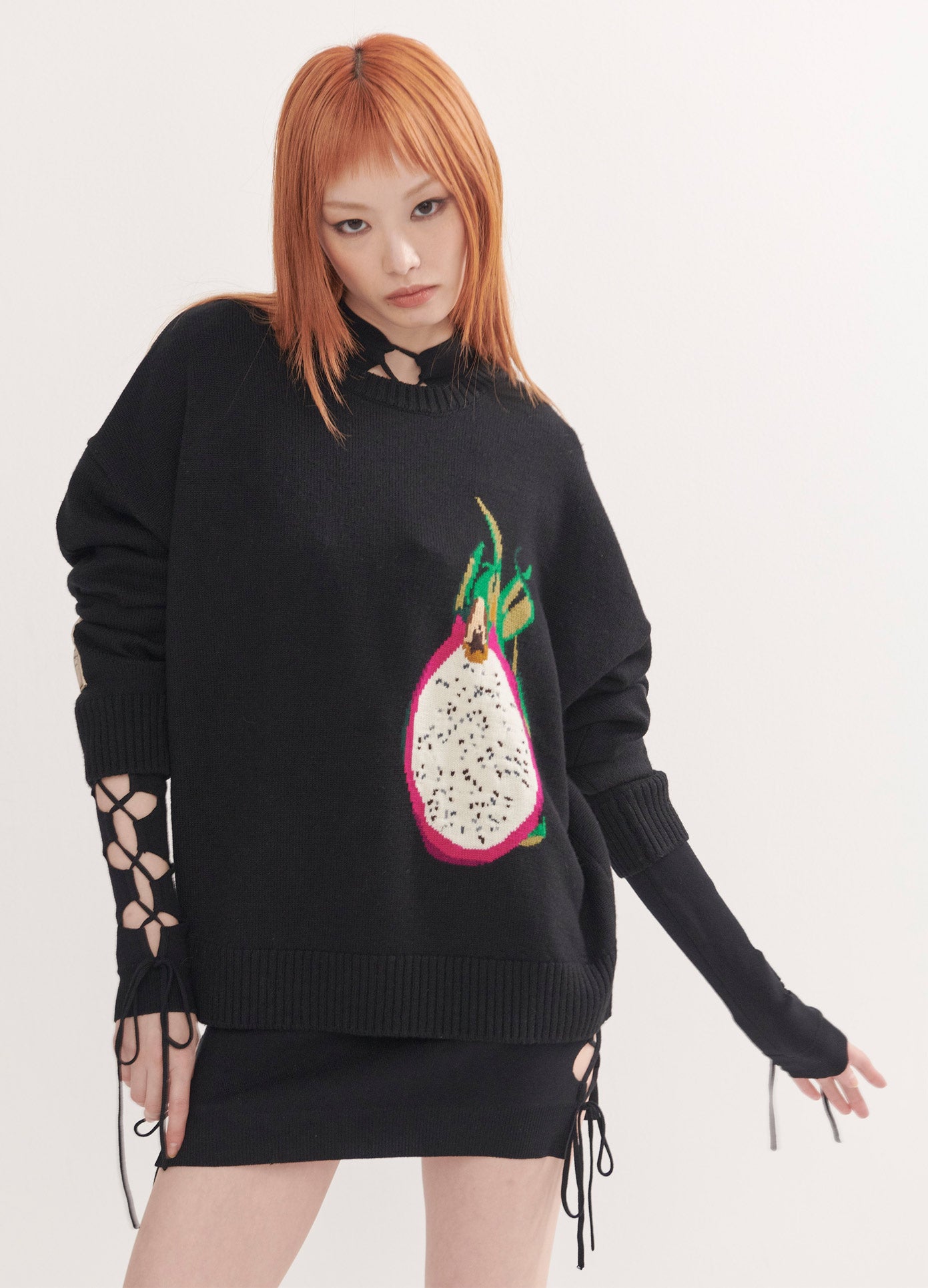 MONSE Dragonfruit Pullover in Black on Model Front View