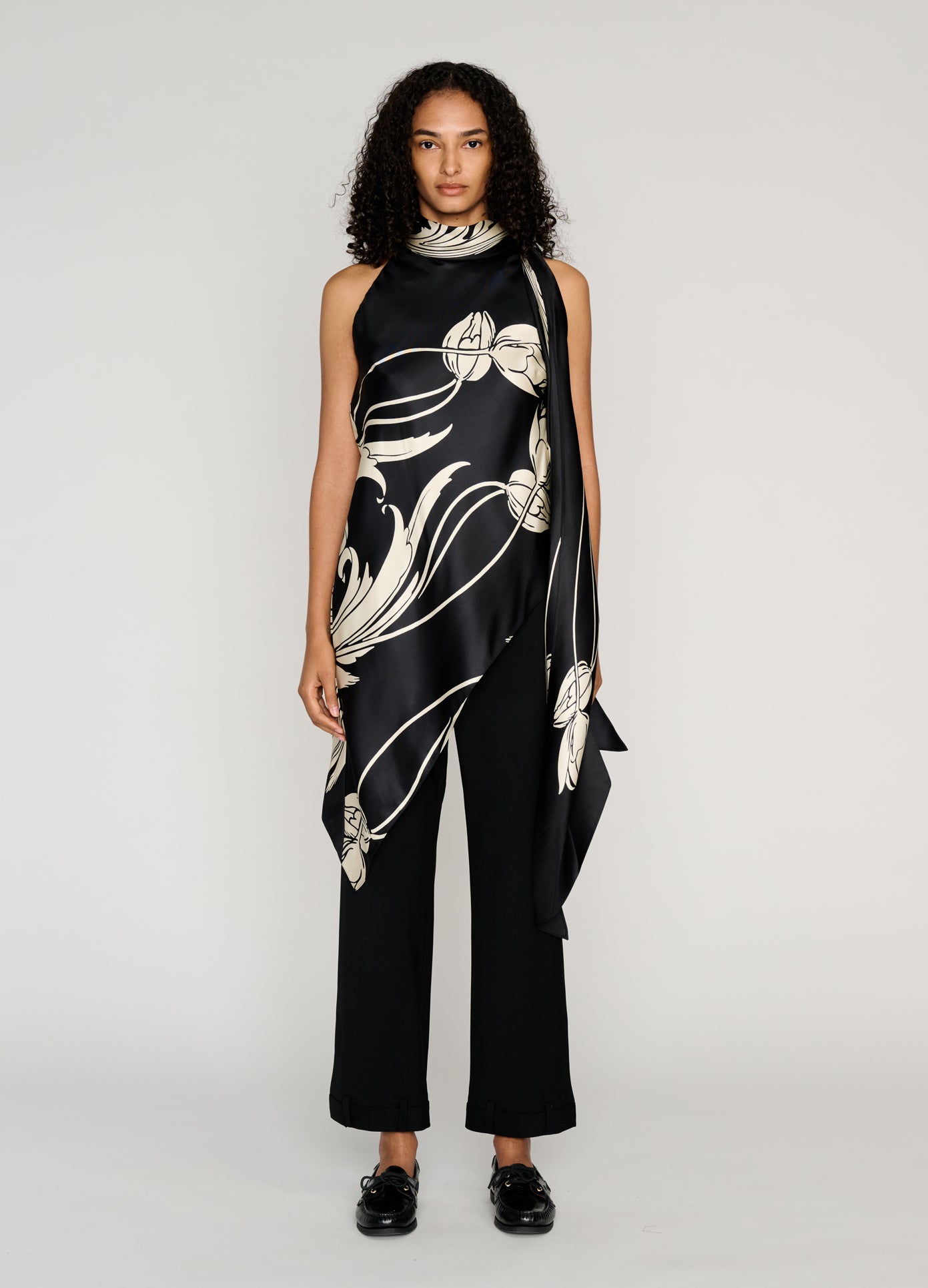 MONSE Draped Scarf Top in black on model full front view