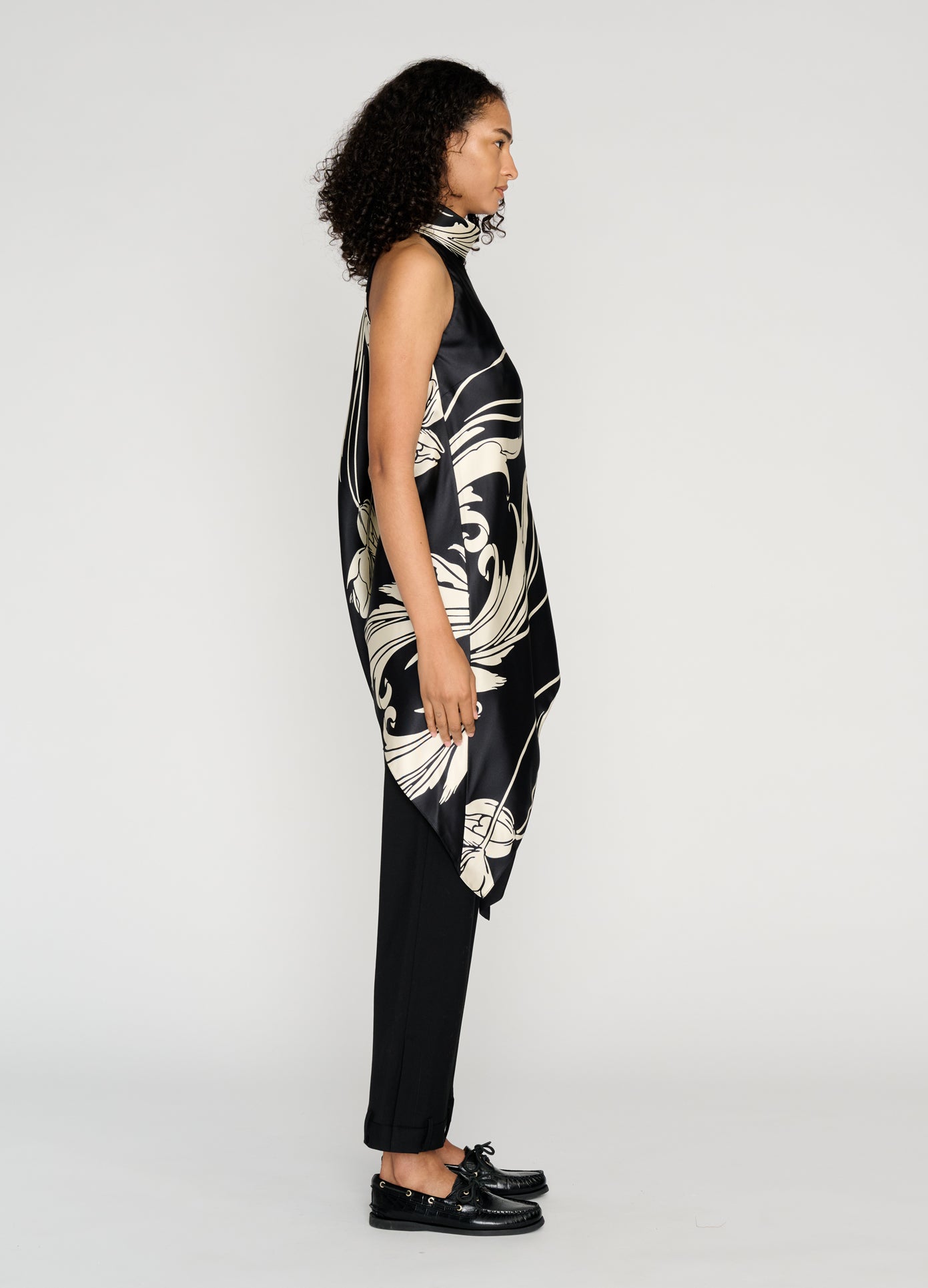 MONSE Draped Scarf Top in black on model full side view