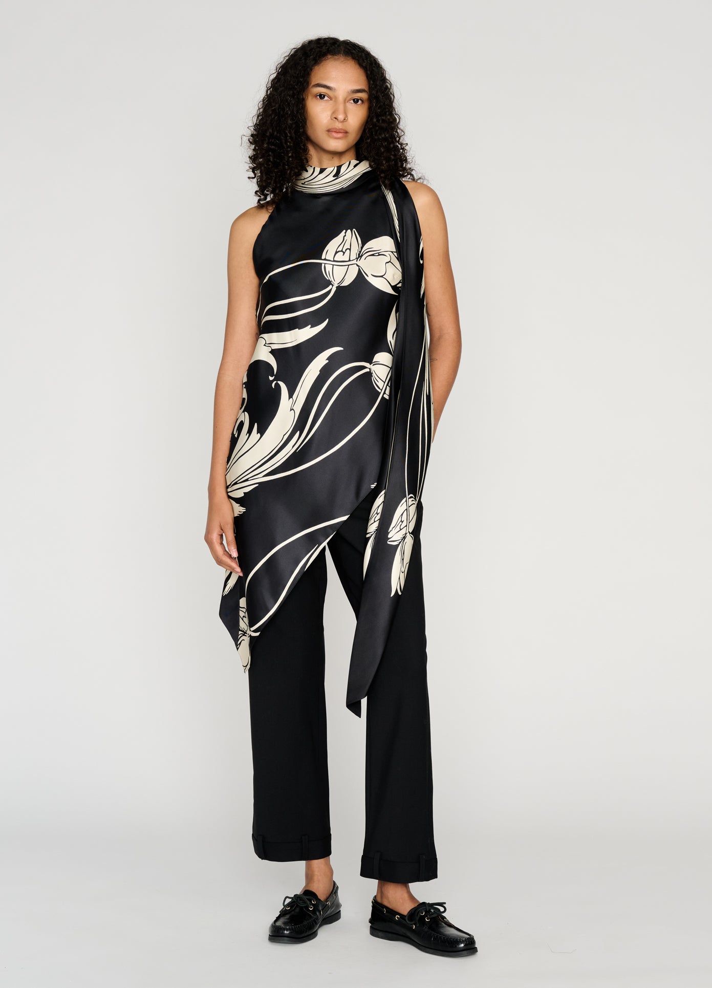 MONSE Draped Scarf Top in black on model style full front view