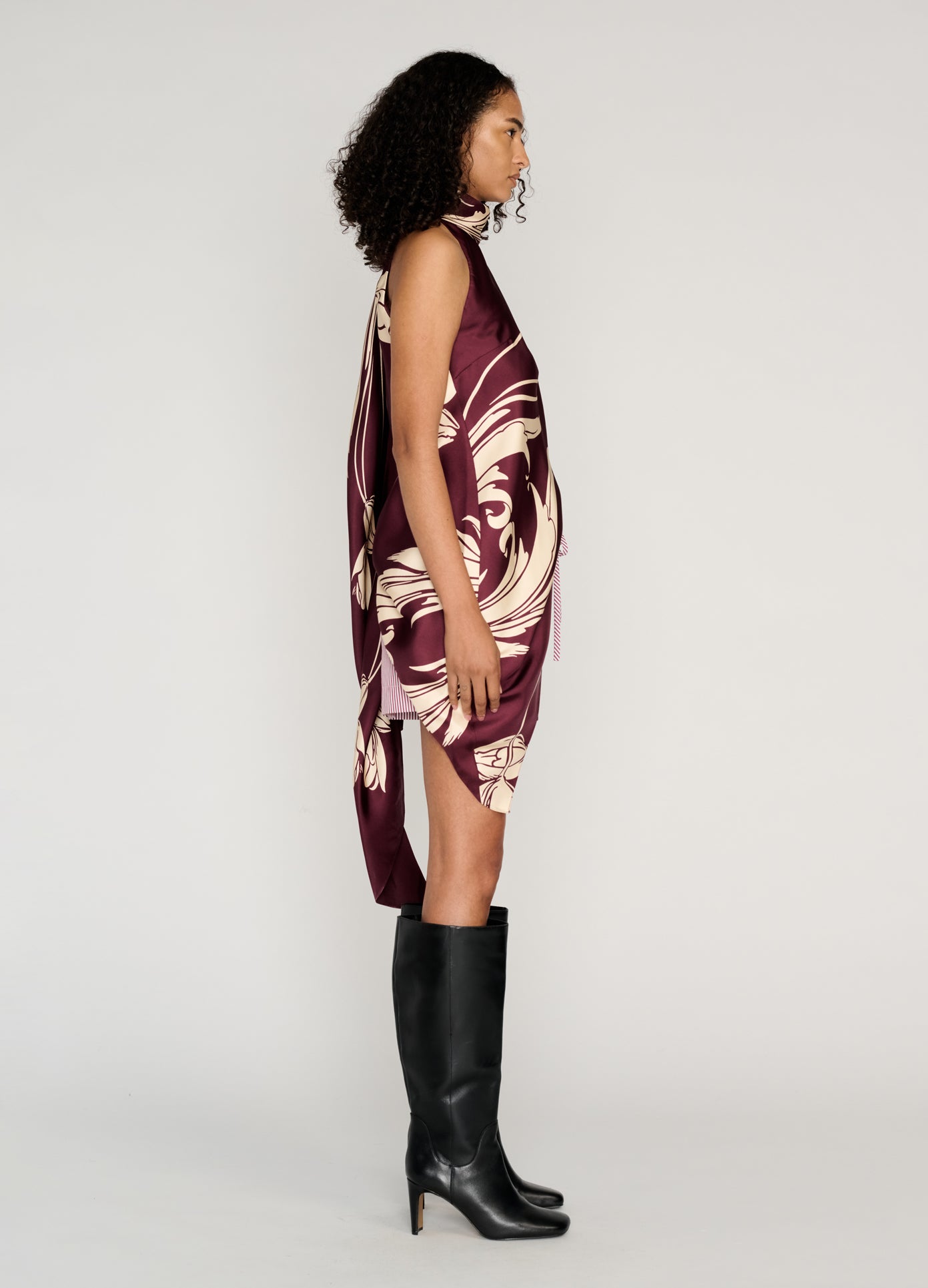 MONSE Draped Scarf Top in burgundy on model full side view