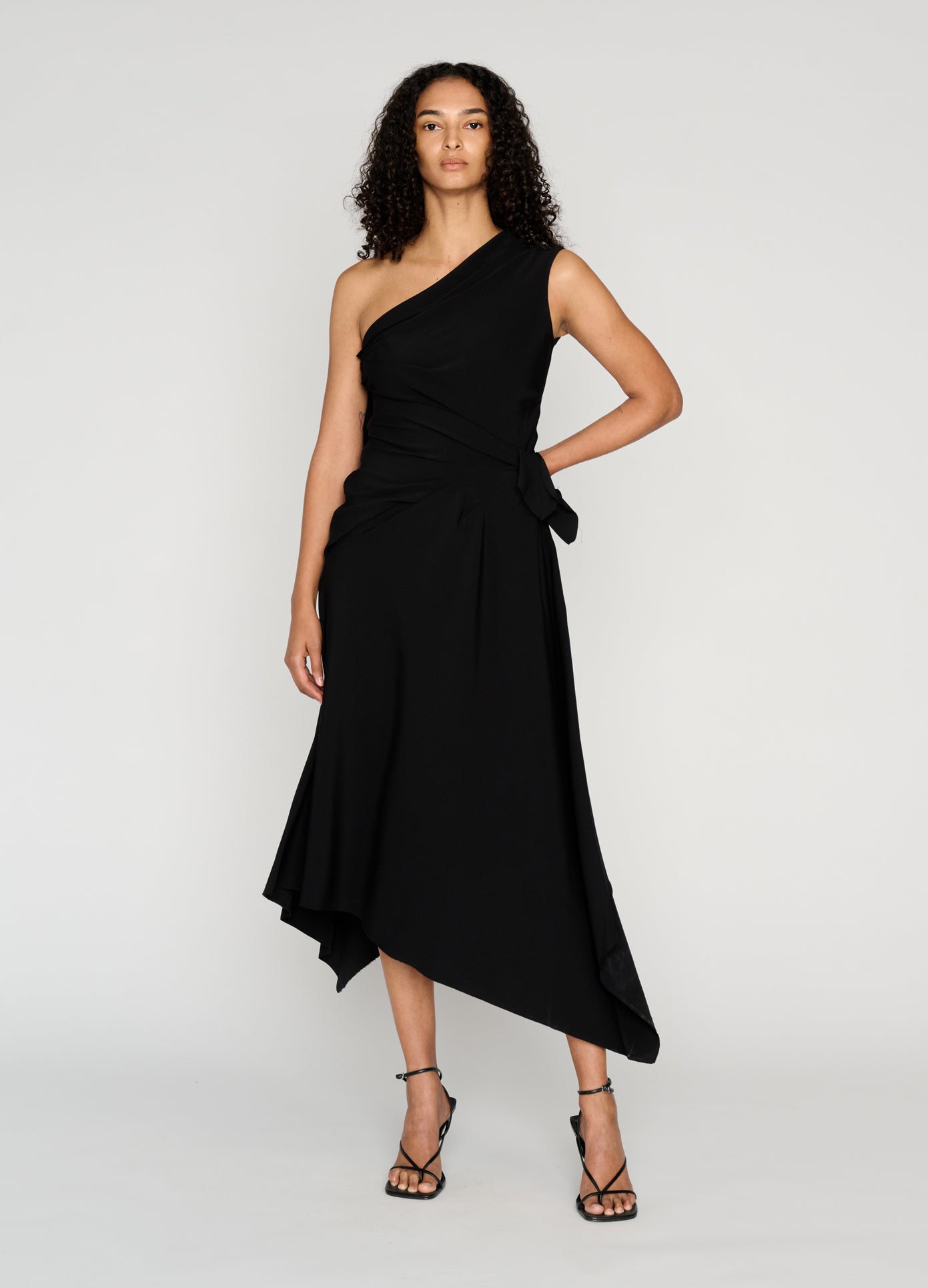 MONSE Draped Towel Dress in black on model style full front view