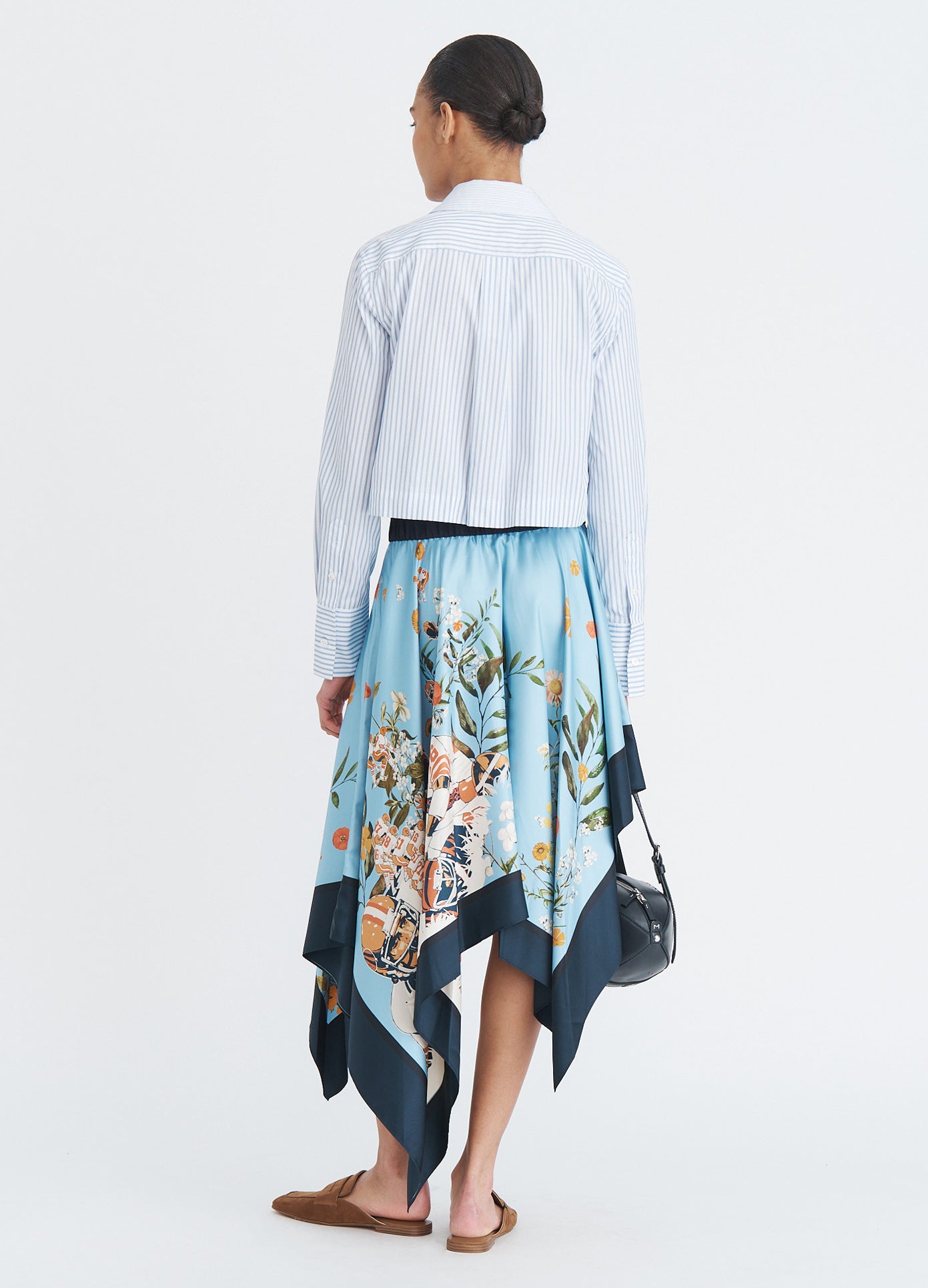 MONSE Elastic Waist Scarf Skirt in blue multi on model full back view