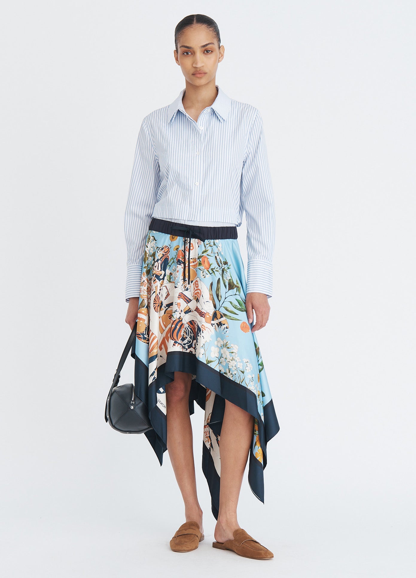 MONSE Elastic Waist Scarf Skirt in blue multi on model full front view