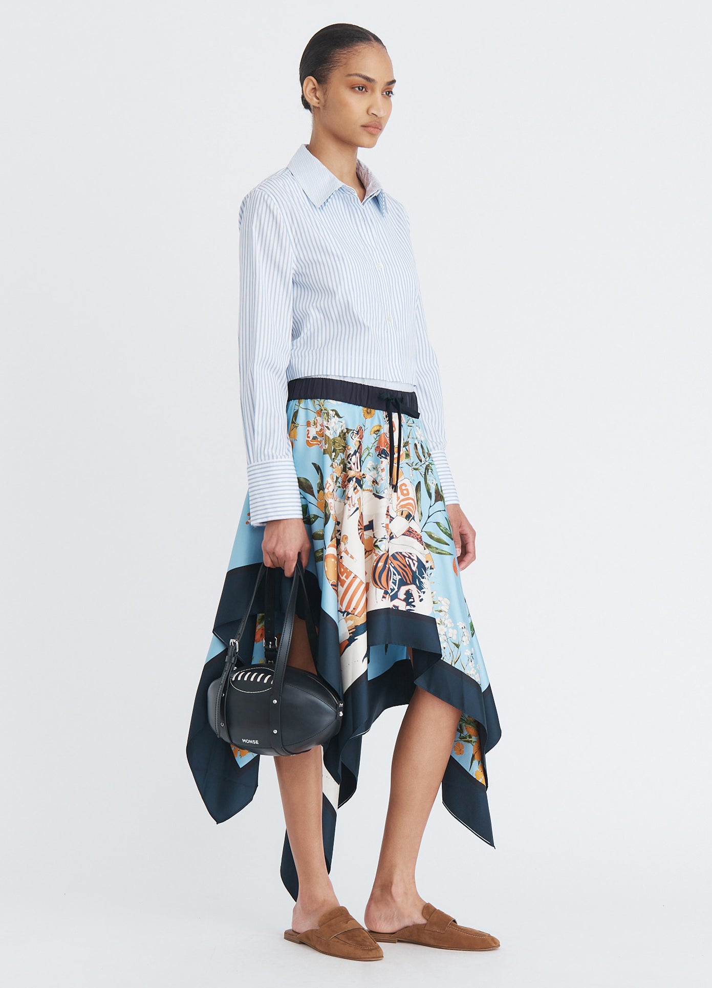 MONSE Elastic Waist Scarf Skirt in blue multi on model full side view