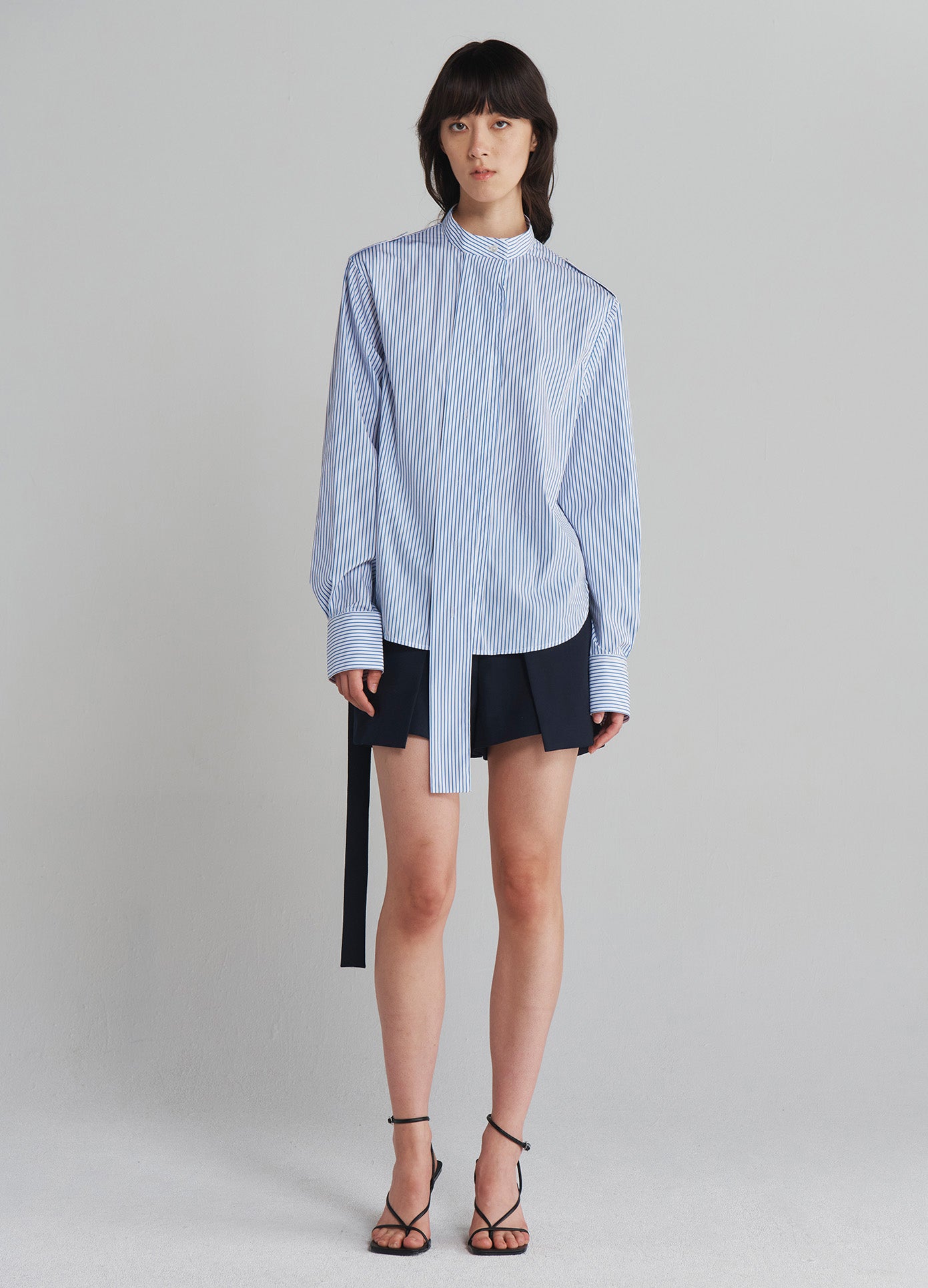 MONSE Epaulette Buttoned Shirt in Ivory and Navy on model full front view