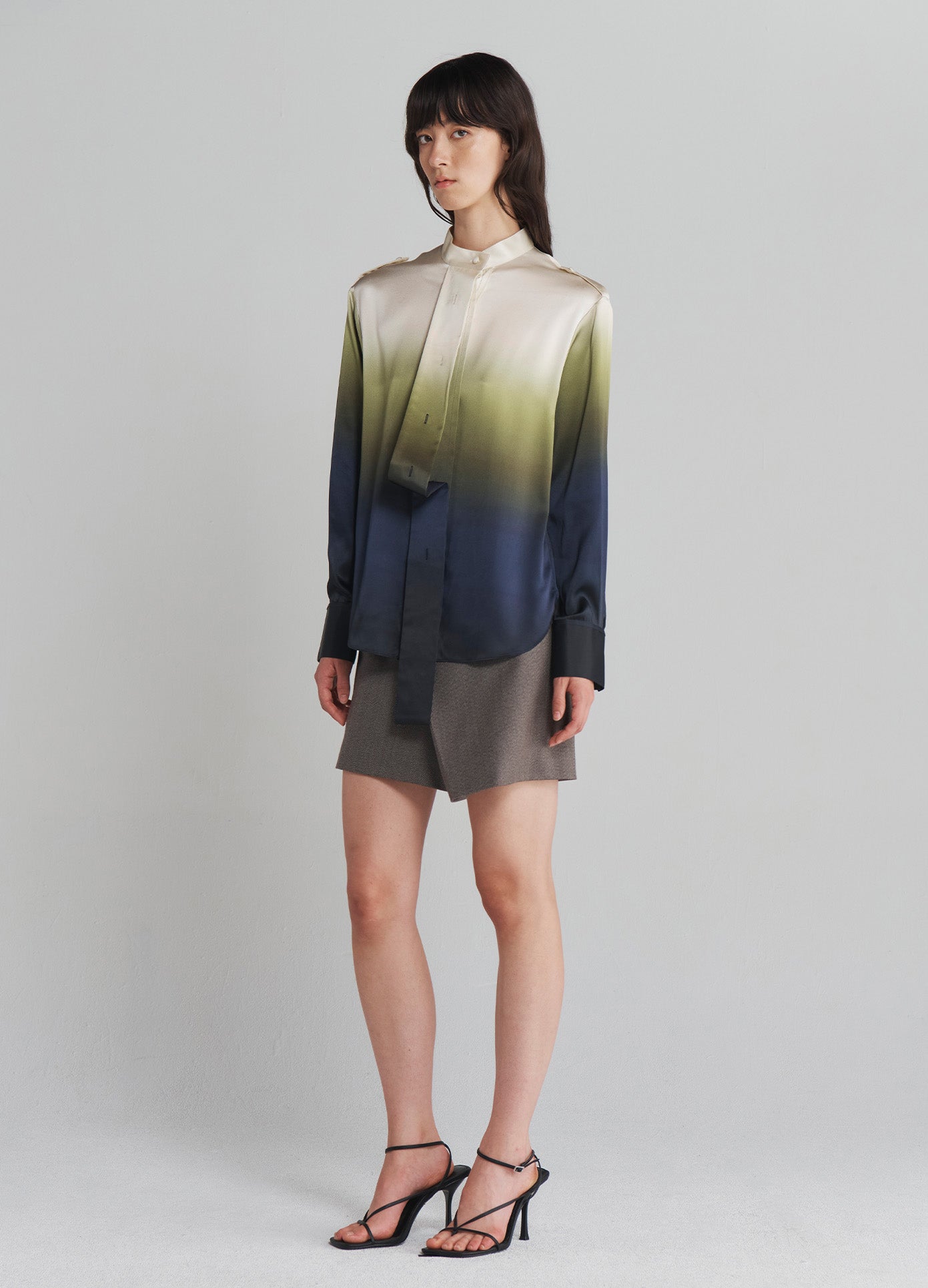 MONSE Epaulette Ombré Buttoned Shirt in Midnight Ombré on model full side view