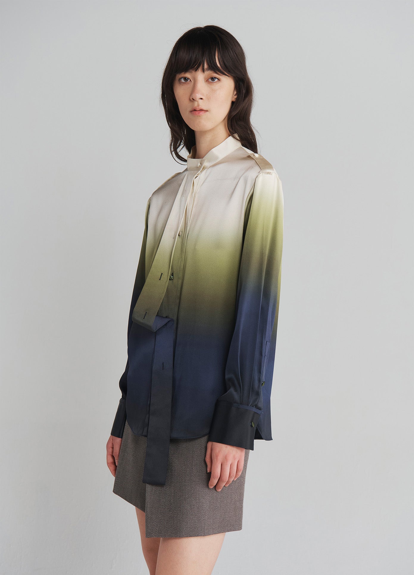 MONSE Epaulette Ombré Buttoned Shirt in Midnight Ombré on model side view