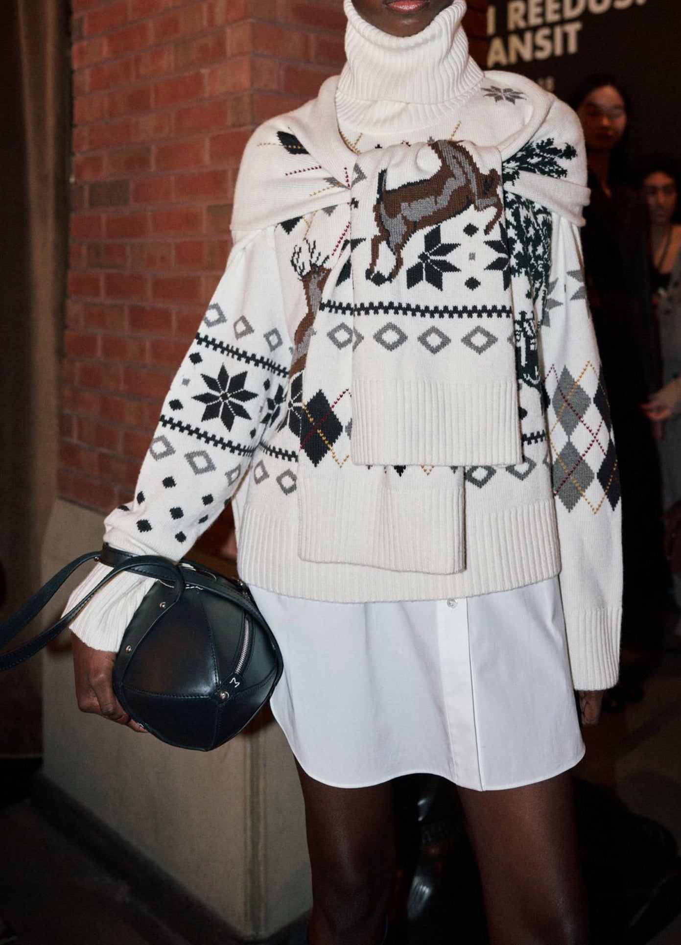 MONSE Fair Isle Roll Neck With Scarf in ivory on model backstage cropped front view