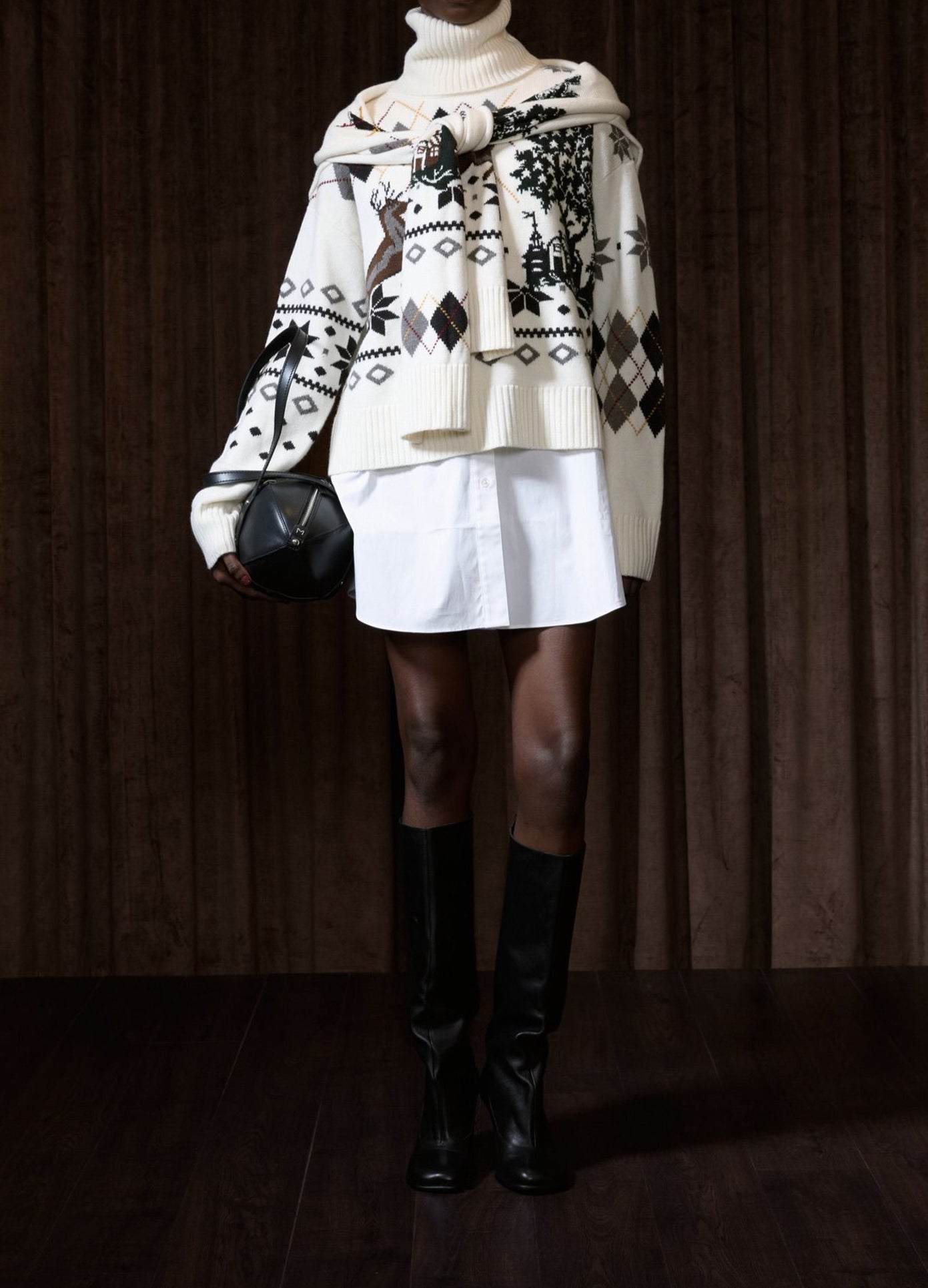 MONSE Fair Isle Roll Neck With Scarf in ivory on cropped front view
